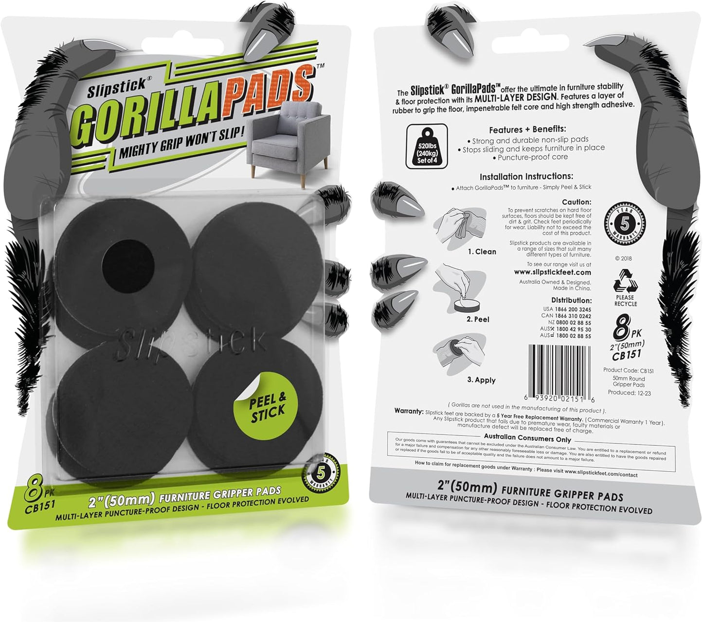 Slipstick GorillaPads Non Slip Furniture Pads/Gripper Floor Protectors (Set of 8) 2 Inch Round Self