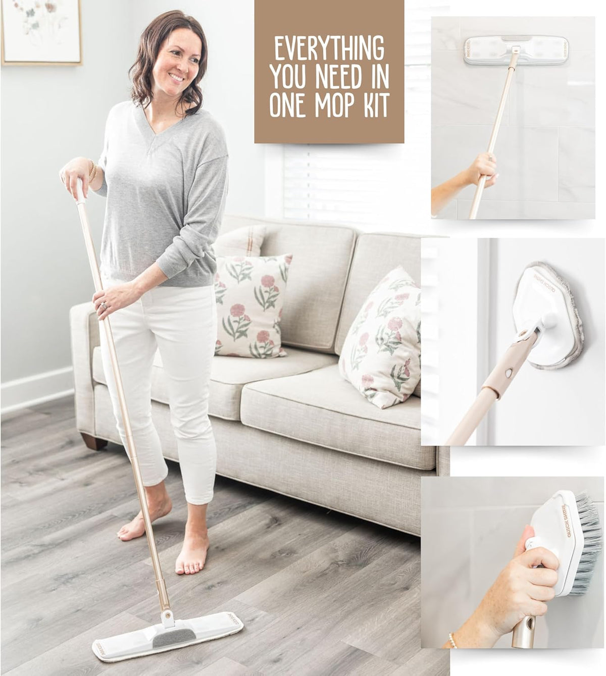 Quick Shine Ultimate Gold Clean + Polish Mop Kit | All-in-One 11 Pc Kit w/Interchangeable
