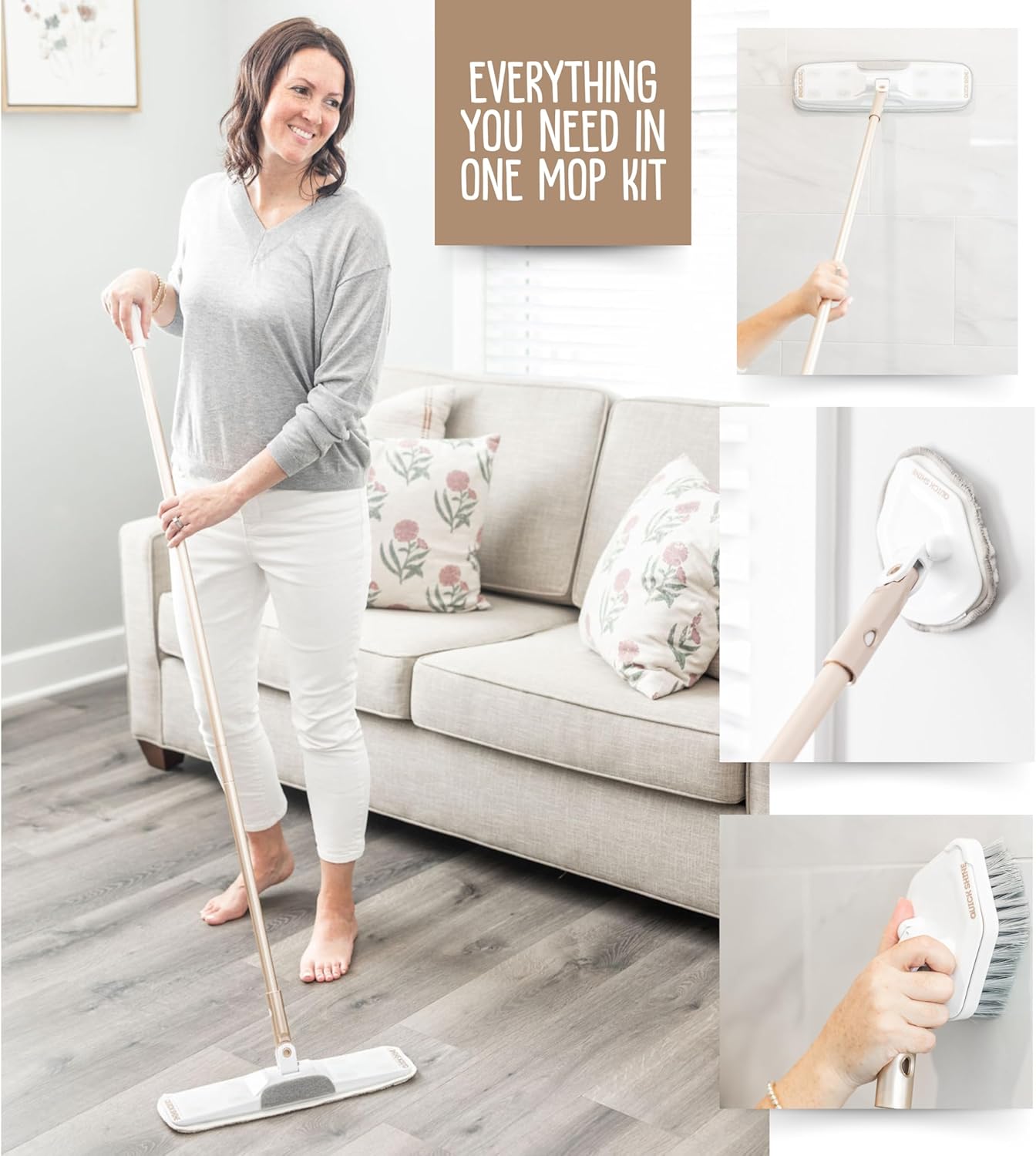 Quick Shine Ultimate Gold Clean + Polish Mop Kit | All-in-One 10 Pc Kit w/Interchangeable