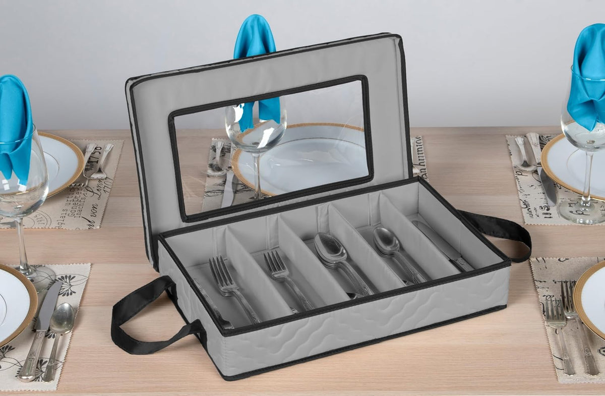 Flatware Storage Case - Durable 5 Compartment Silverware Storage Container Box with Removable Lid