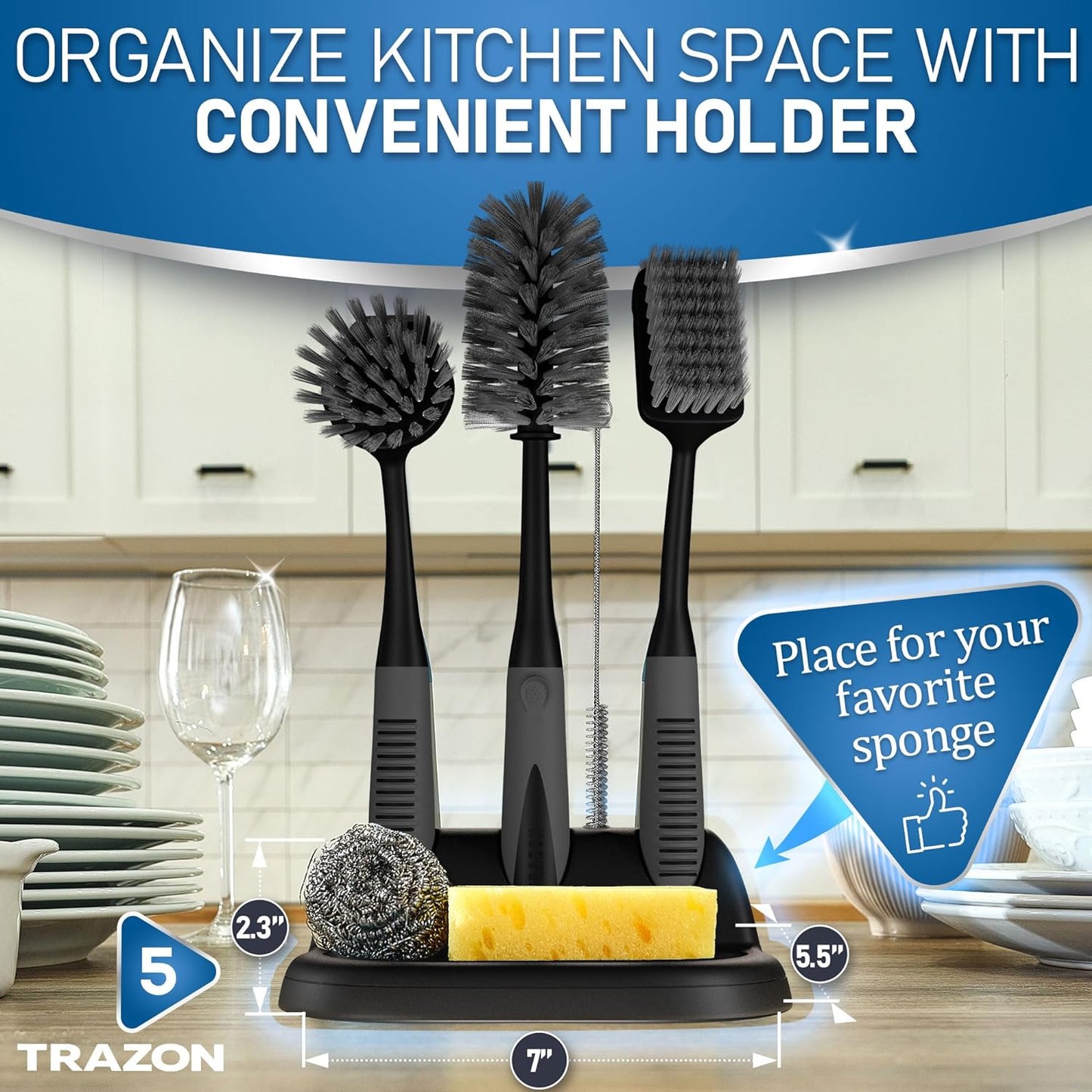 Dish Brush Set of 5 with Holder - Kitchen Scrub Brushes with Non-Slip Long Handle for Cleaning