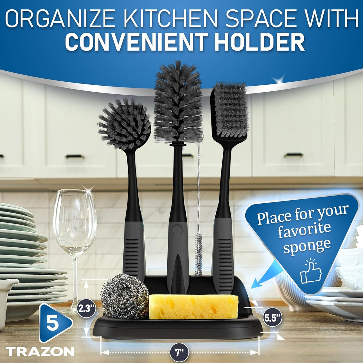 Dish Brush Set of 5 with Holder - Kitchen Scrub Brushes with Non-Slip Long Handle for Cleaning