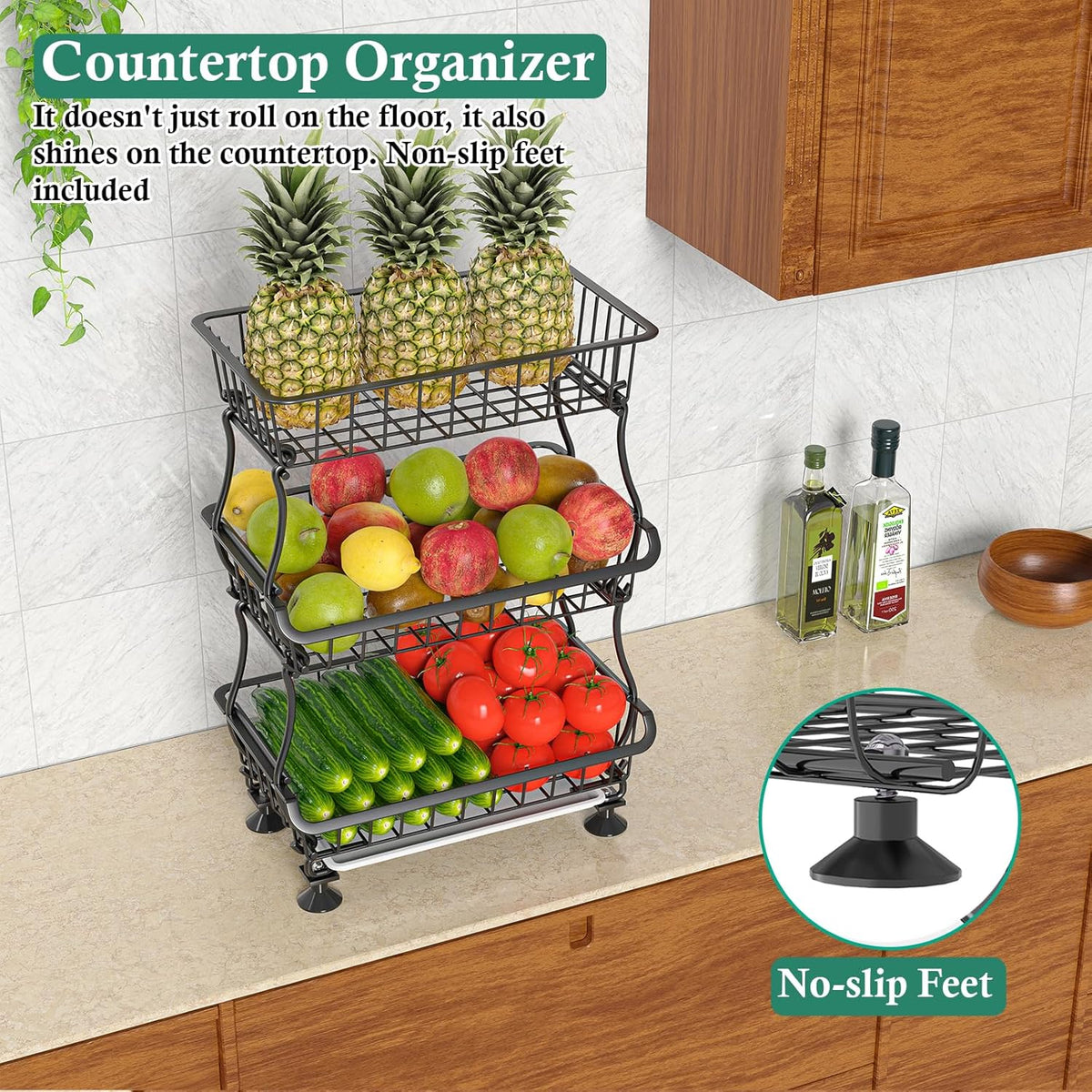 3-Tier Rolling Pantry Floor Organizer and Storage Cart with Wheels, Stackable Wire Pantry Baskets