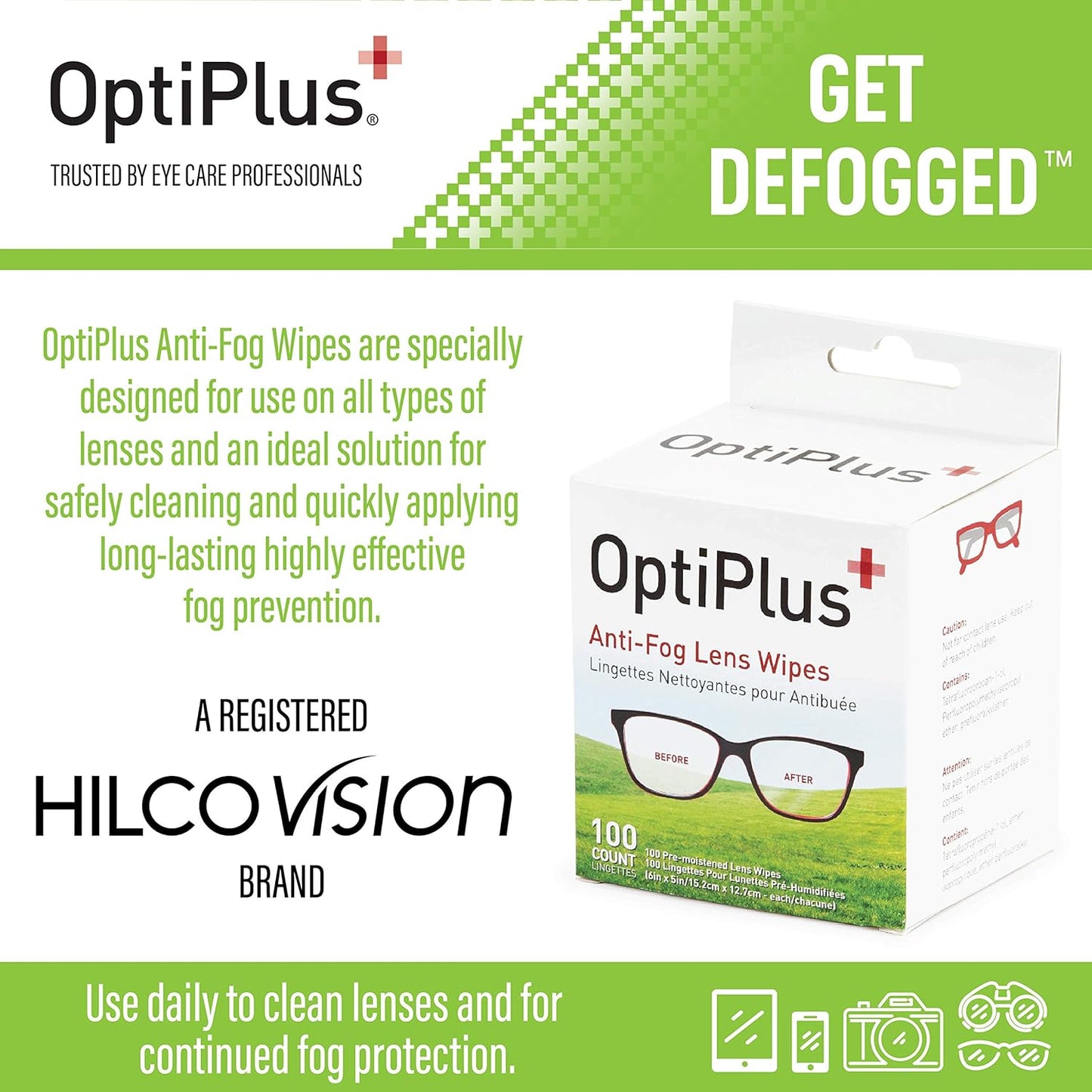 OptiPlus Anti Fog Pre-Moistened Cleaning Wipes for Glasses, Screens, Lenses - Quick-Dry