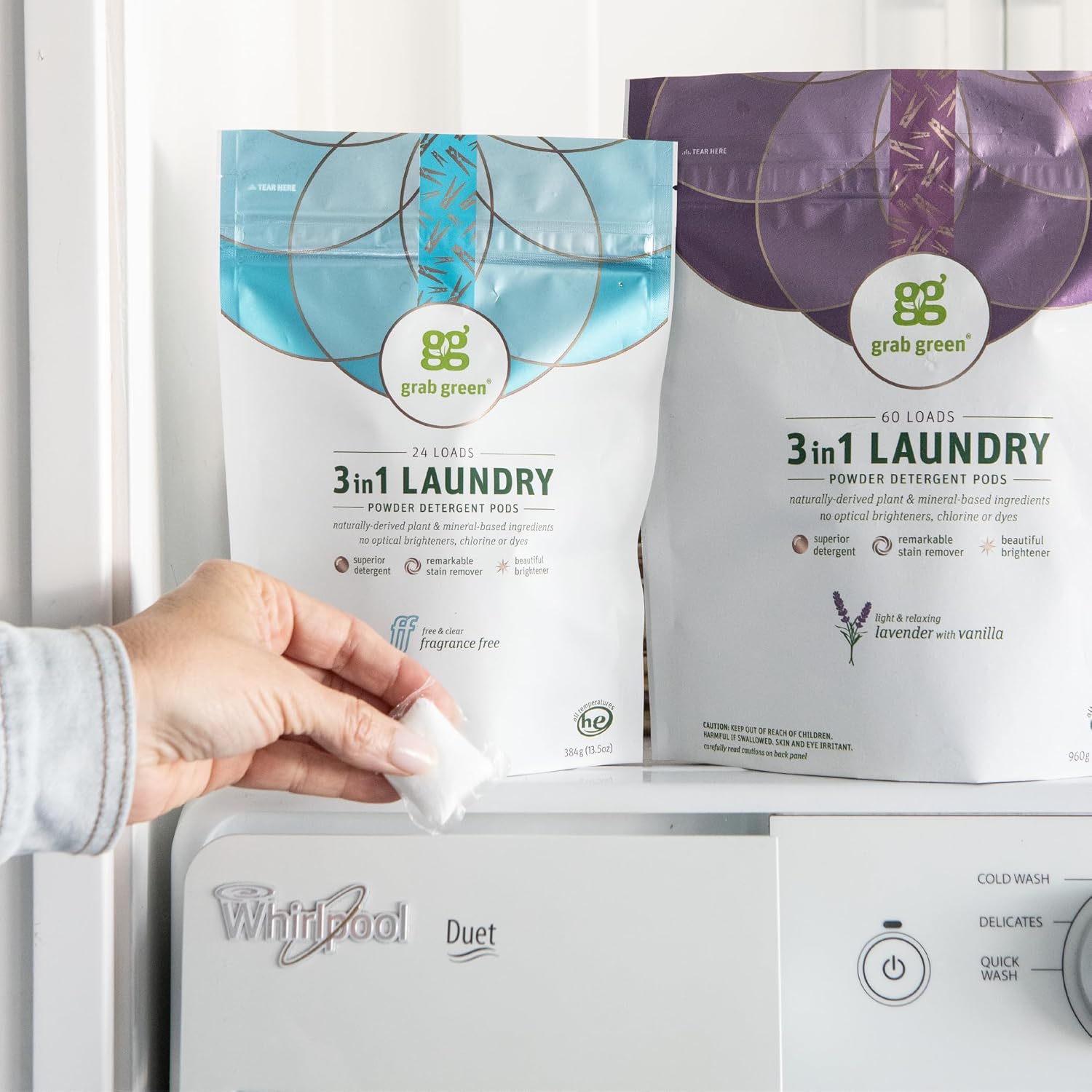 Grab Green 3-in-1 Laundry Detergent Pods, 24 Count, Fragrance Free, Plant and Mineral Based