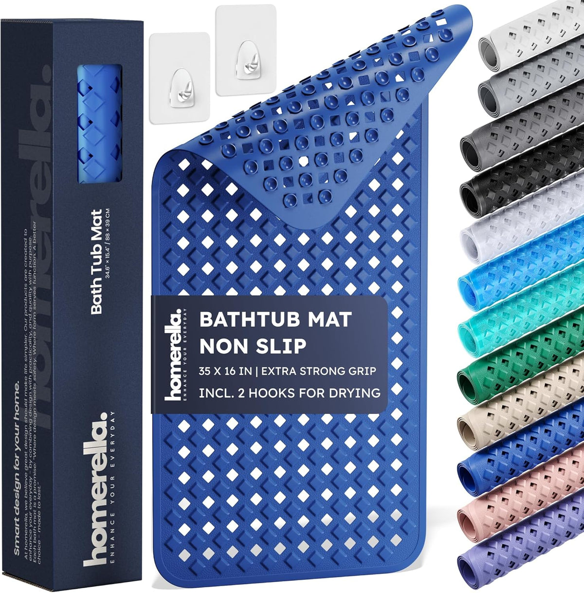 homerella® Bathtub Mat Non Slip 35x16, Incl. Hooks for Drying, Extra Long, 100% BPA Free, Shower