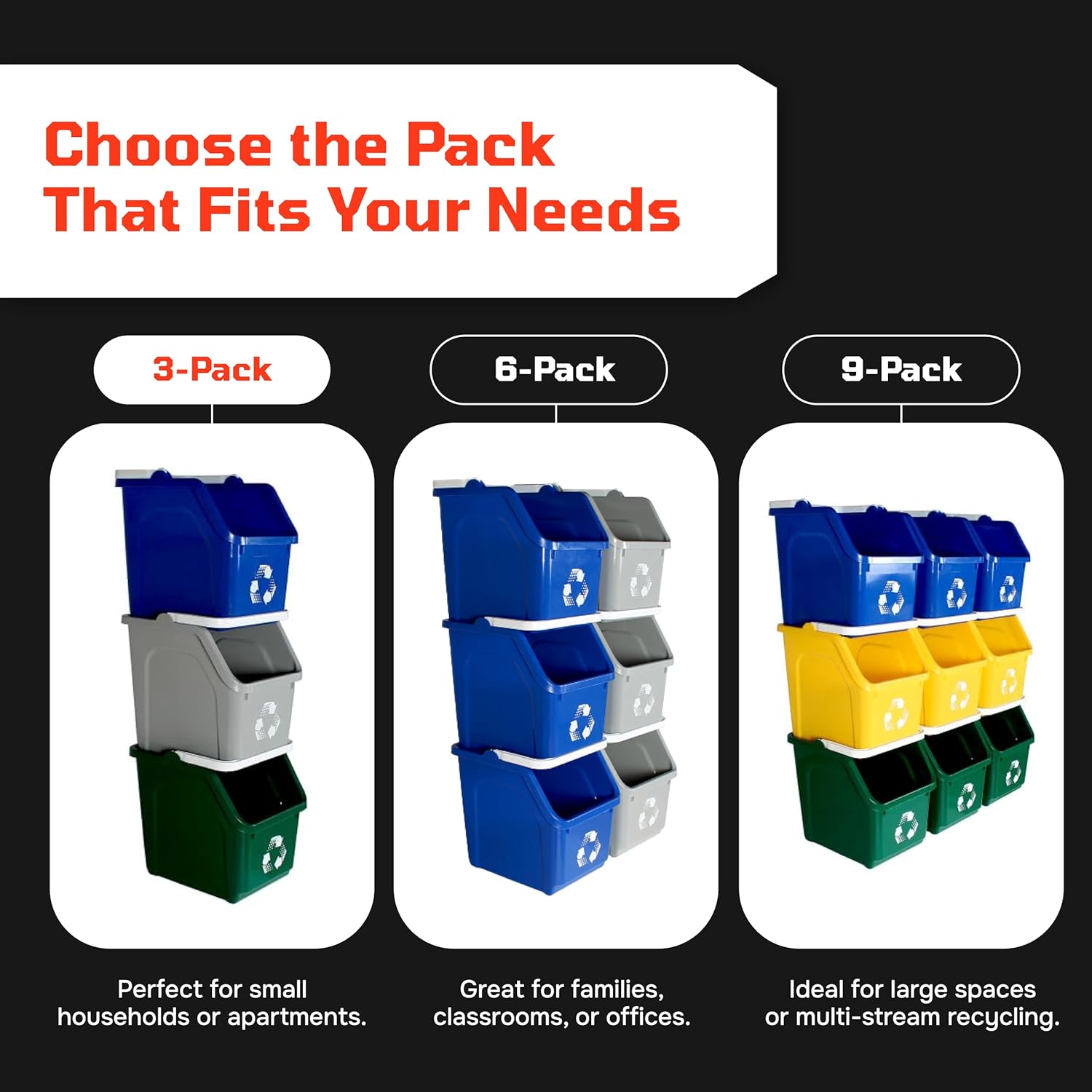 Multi Recycling Bin System with Three Stacking 6 Gallon Bins with Carrying Handles, Stackable and