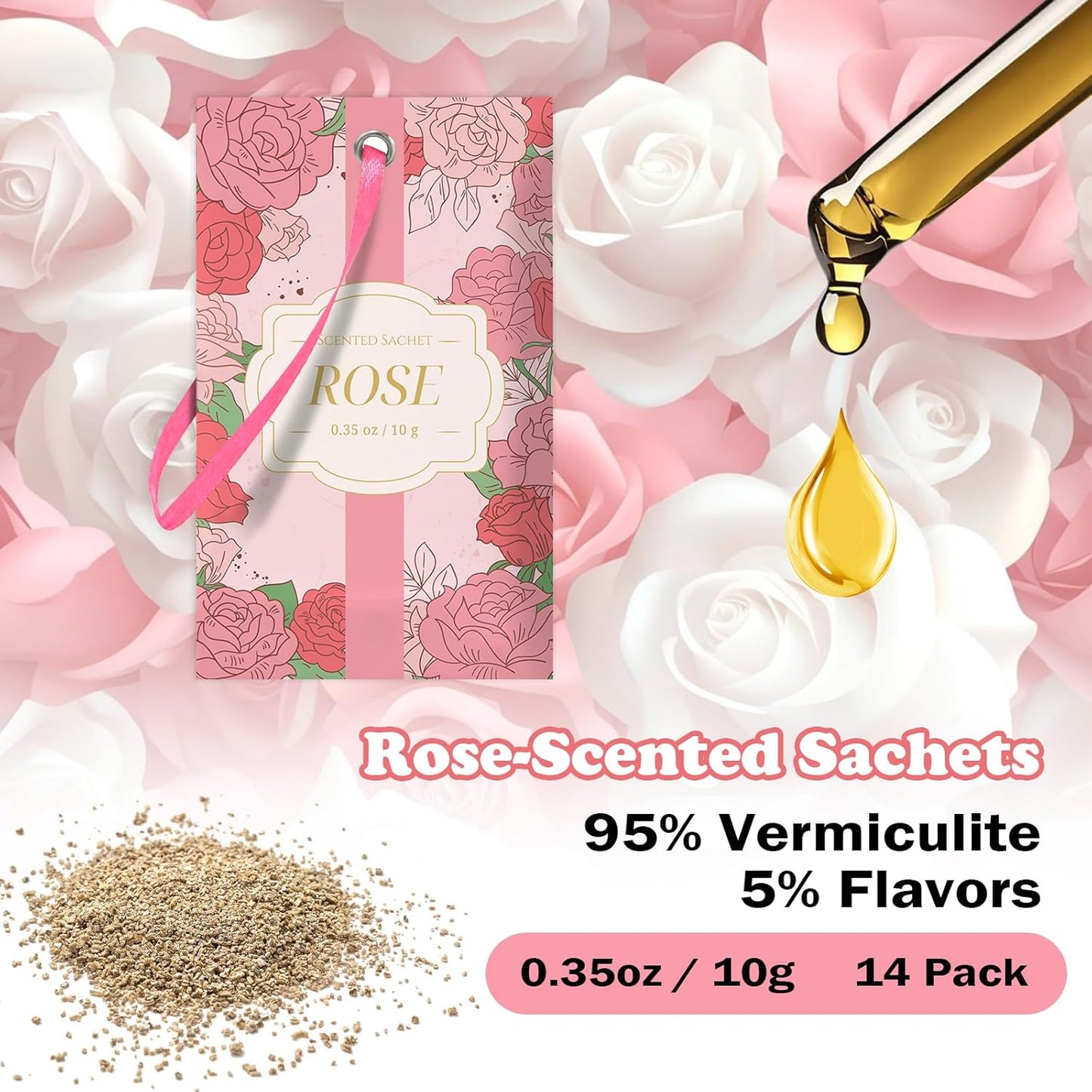 SCENTORINI Scented Sachets for Drawers and Closets, Rose Scent 14 Pack, Long-Lasting Sachets Bags