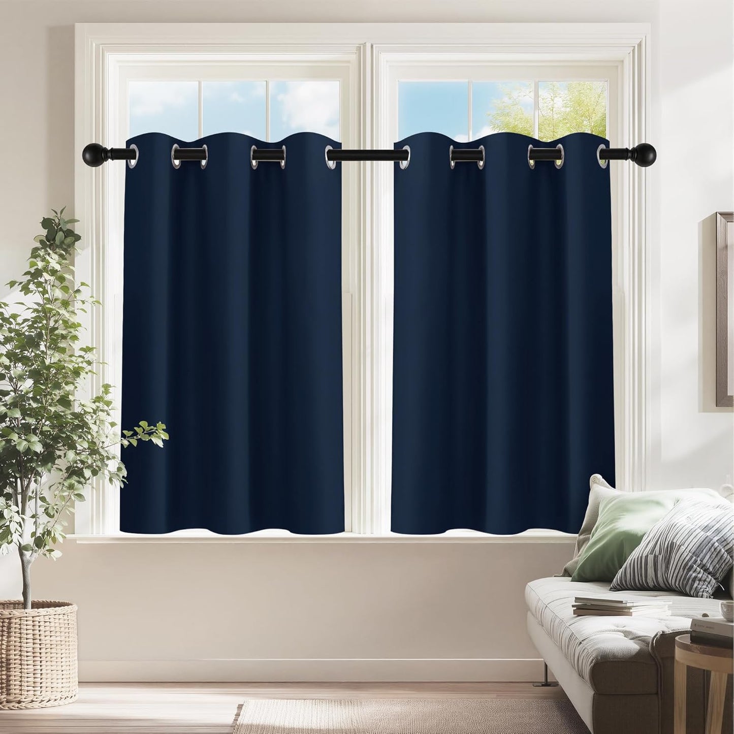 PONY DANCE Navy Blue Blackout Short Curtains for Kitchen, Room Darkening Half Window Treatment