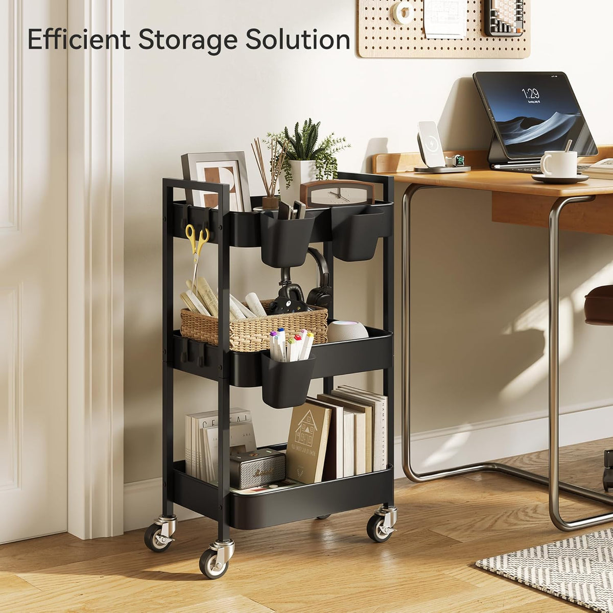 3 Tier Rolling Cart,Utility Cart with Locking Wheels, Hanging Cups & Hooks, Heavy Duty Metal