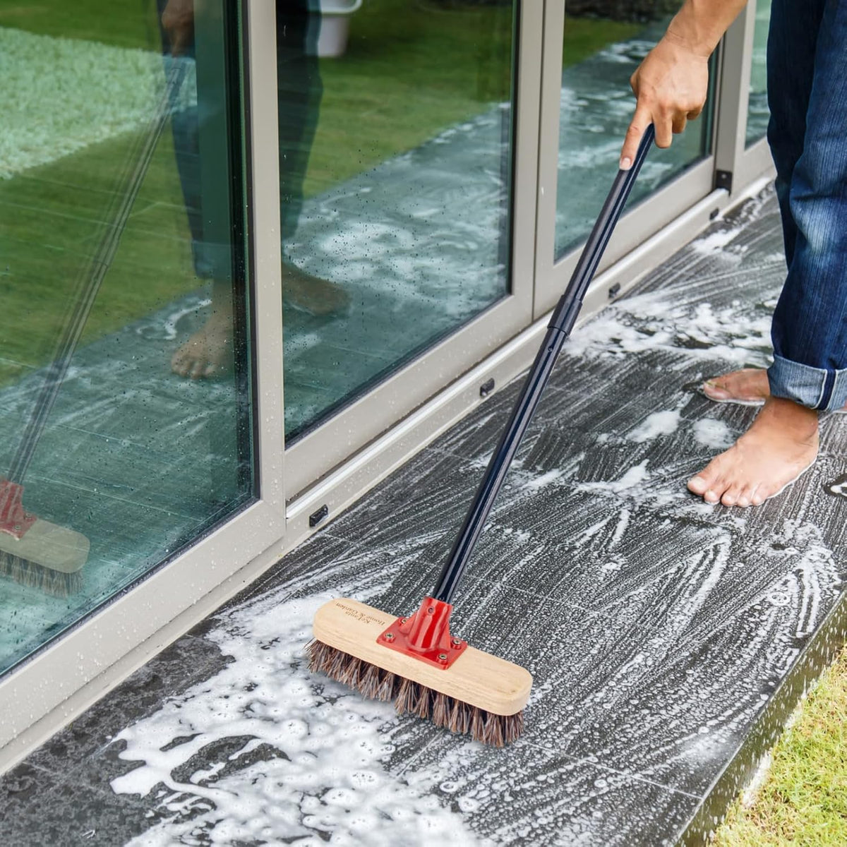 Deck Brush with Long Handle, 52'' Palmyra Bristle Scrub Broom for Boat, Patio, Garage, Concrete
