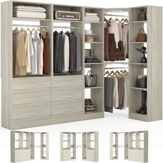 Corner Closet System with 6 Drawers, Closet Organizer System with 14 Shelves & 4 Hanging Rods