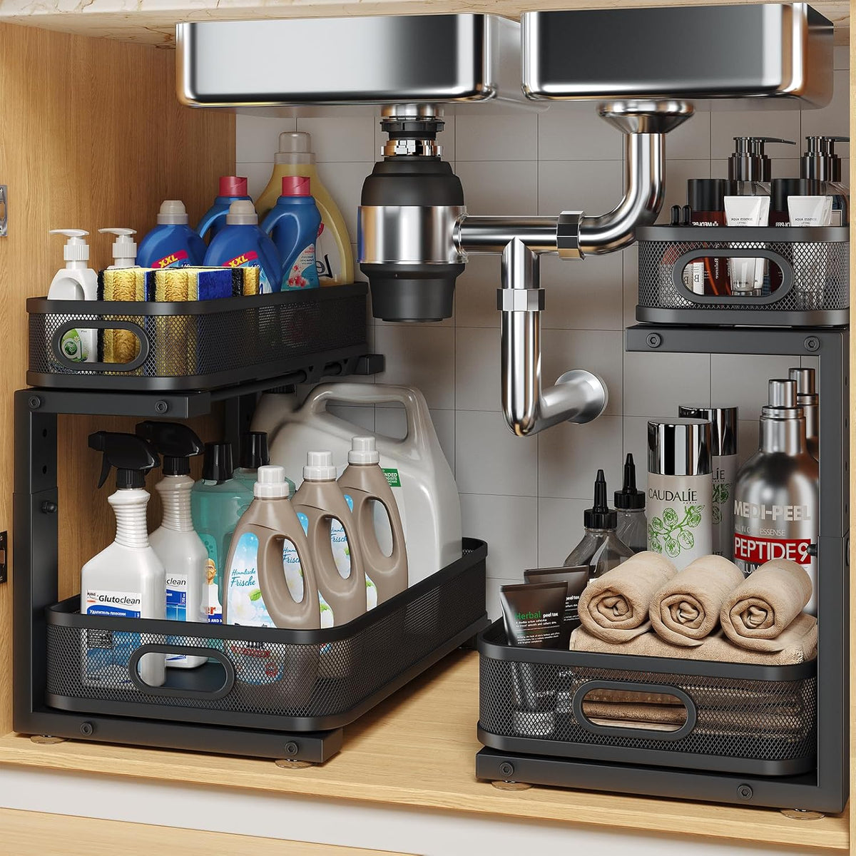2 Pack 15.7IN-Depth Under Sink Organizer With Smooth Cylindrical Rail,2-Tier Pull Out Multi-Purpose