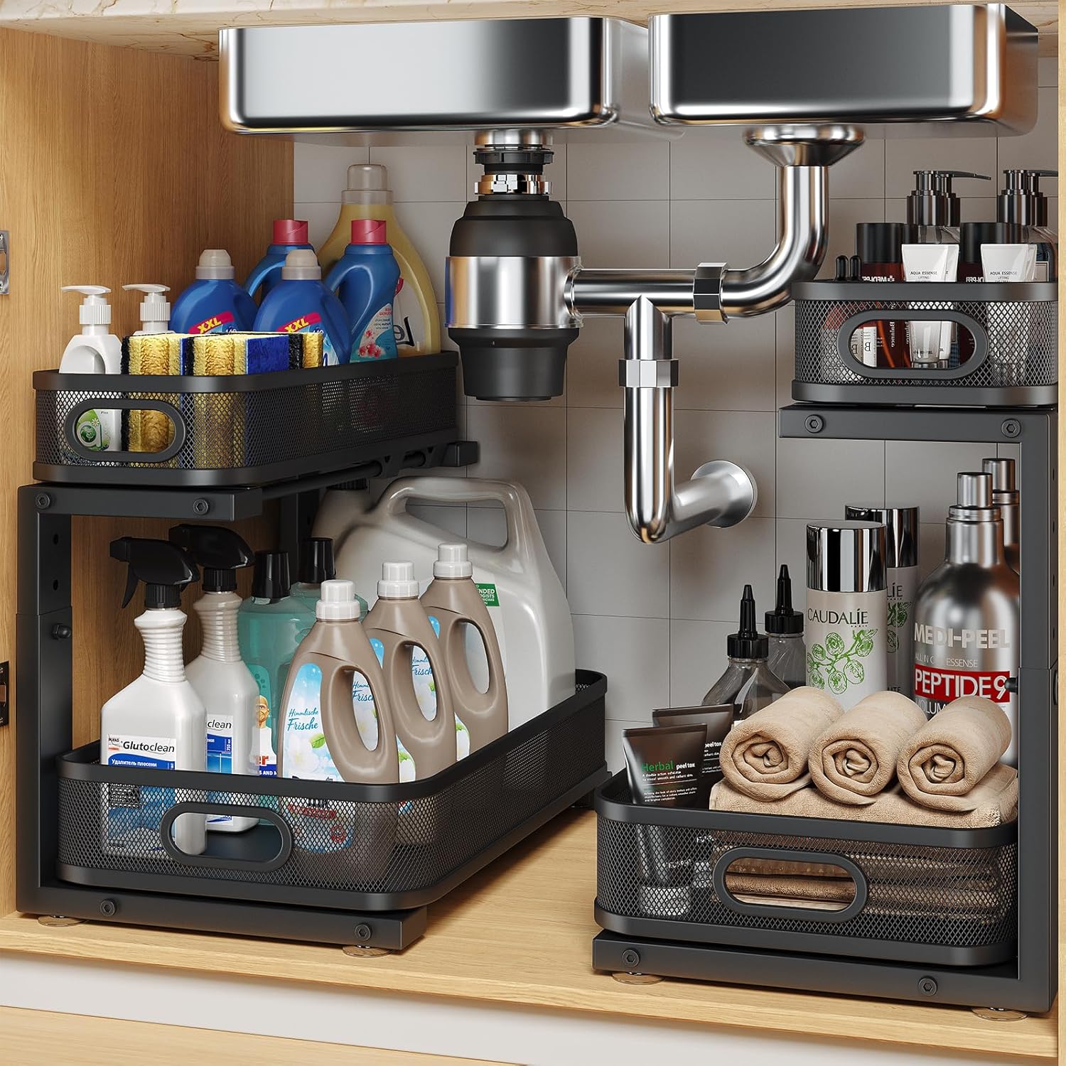 2 Pack 15.7IN-Depth Under Sink Organizer With Smooth Cylindrical Rail,2-Tier Pull Out Multi-Purpose