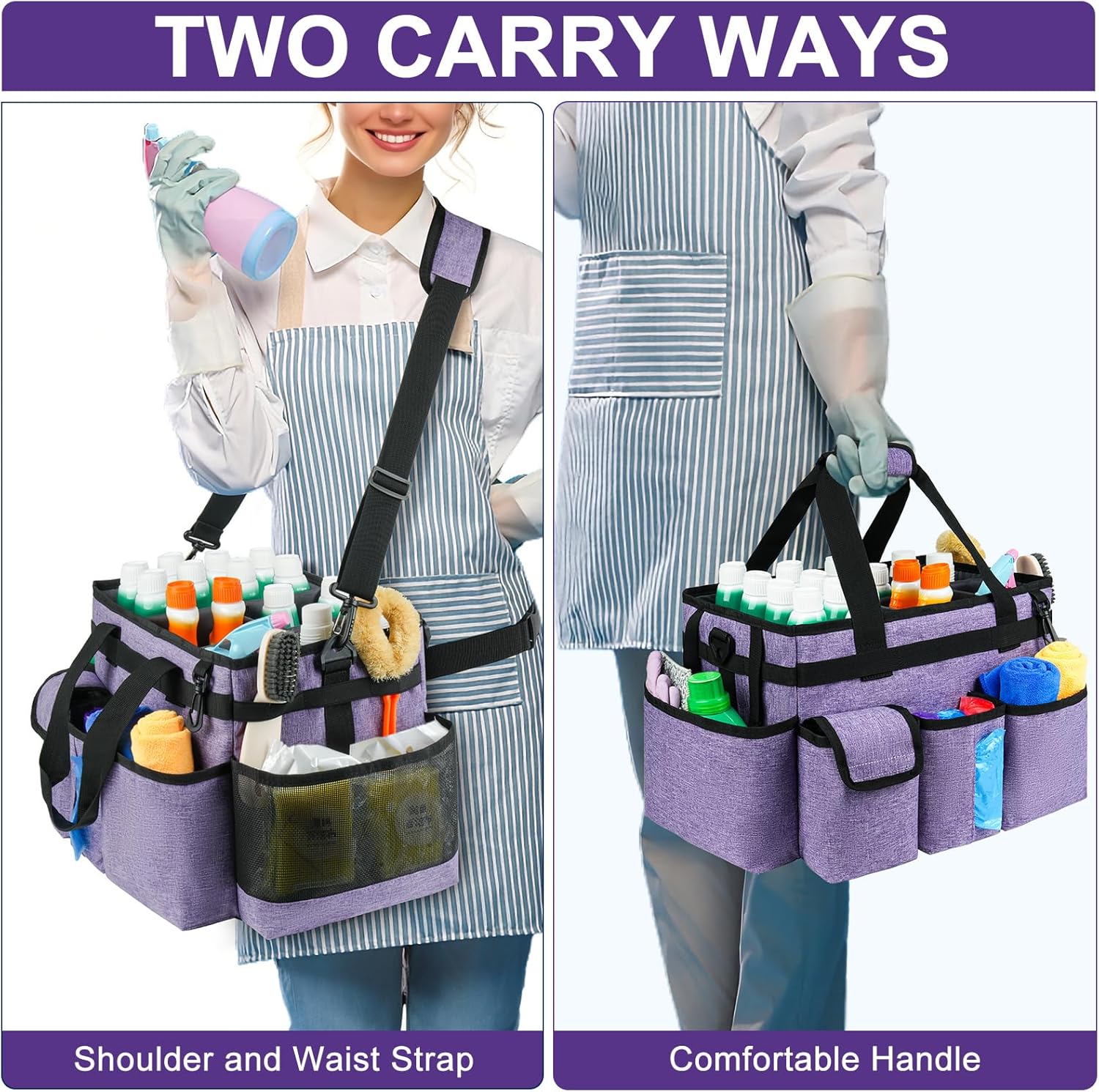 Cleaning Caddy Bag,Large Cleaning Supplies Organizer with Handle for Housekeepers,Purple