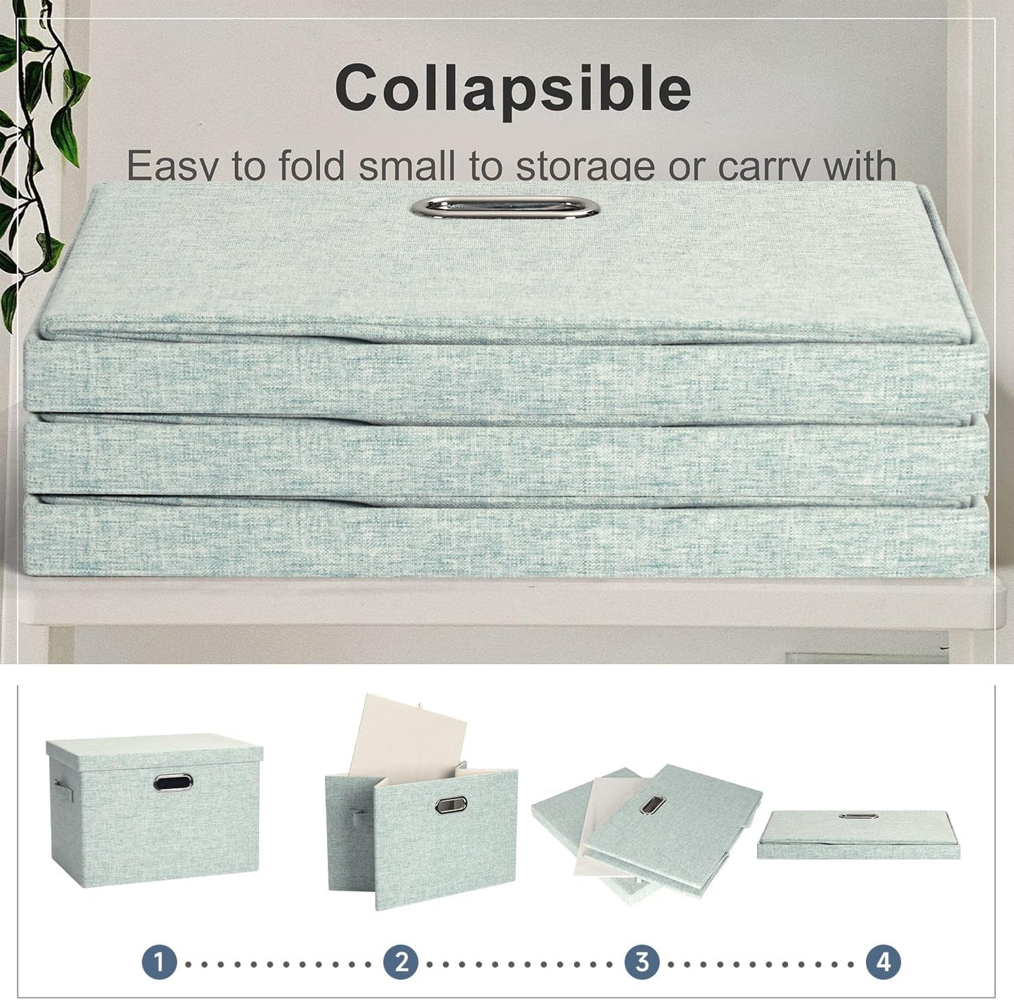 Large 17" 36 Quart Collapsible Stackable Storage Bins with Lids, 3 Packs Light Green Linen Fabric
