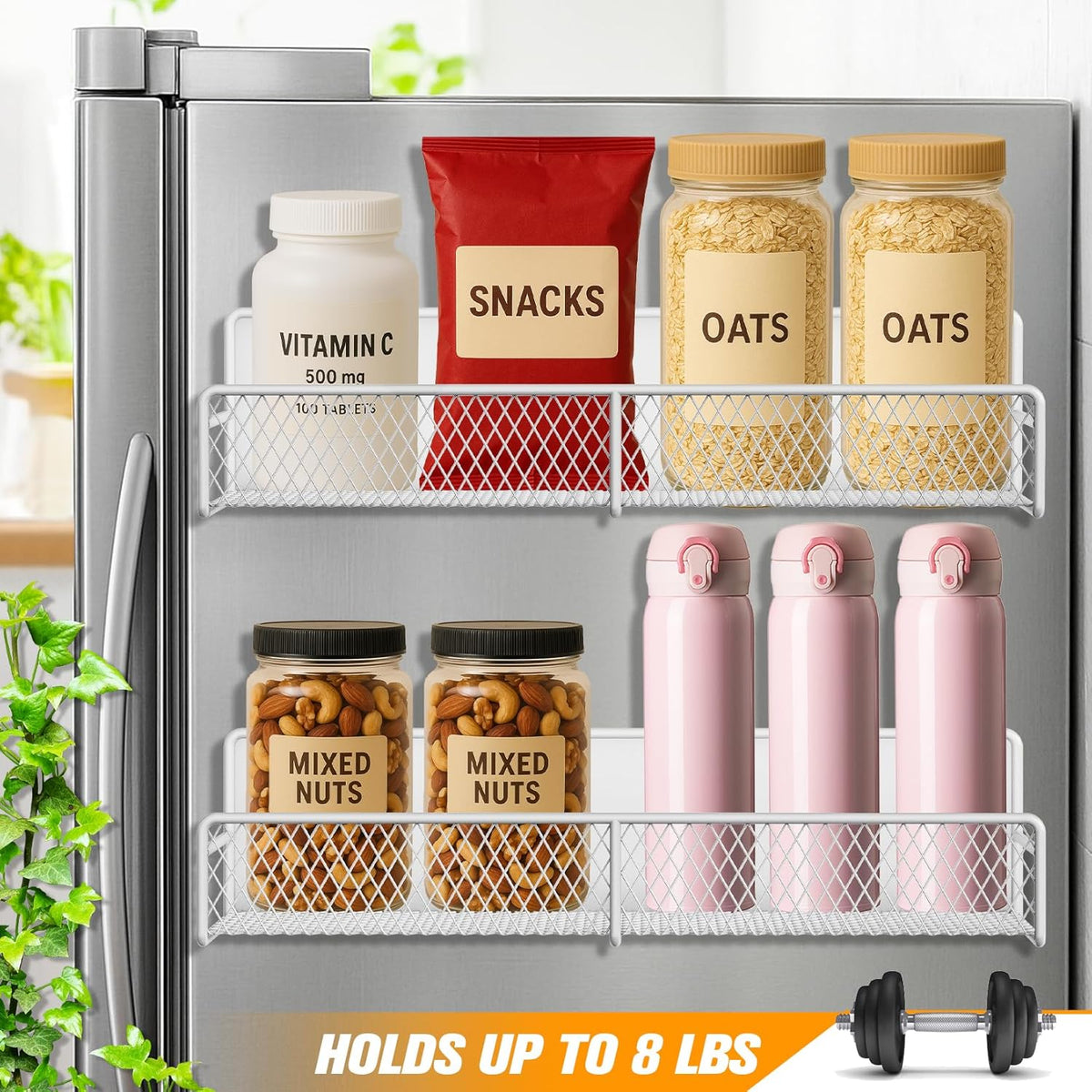 2 Pack Magnetic Spice Rack for Refrigerator, White Magnetic Shelf with 4 Removable Hooks, Rustproof