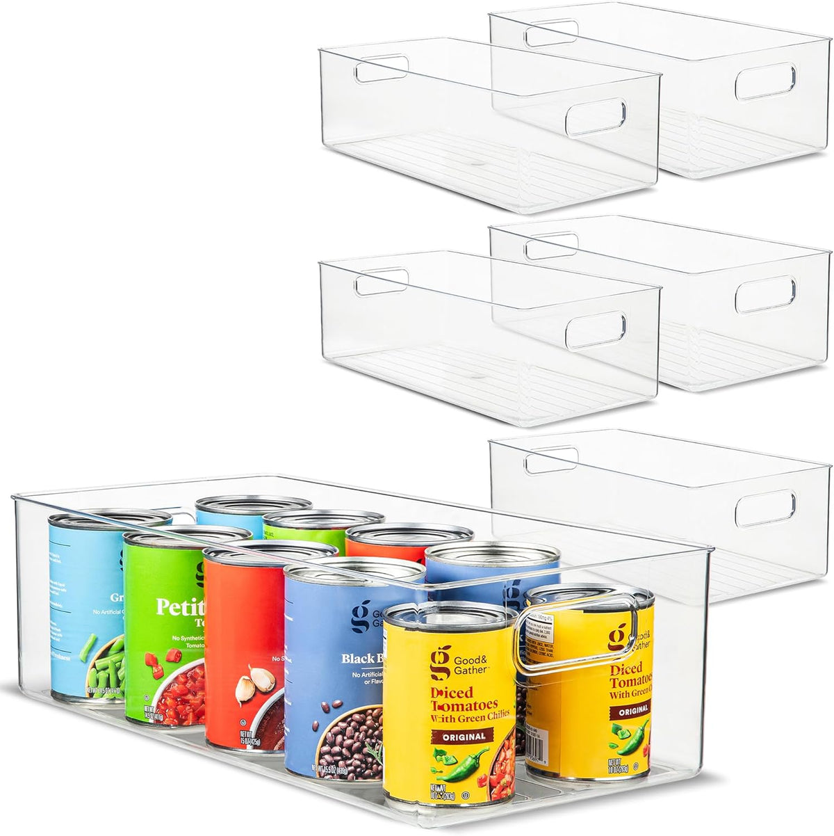 Plastic Food Storage 6 Pack Clear Container Bin with Handles for Organizing Kitchen, Pantry