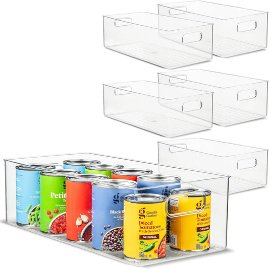 Plastic Food Storage 6 Pack Clear Container Bin with Handles for Organizing Kitchen, Pantry