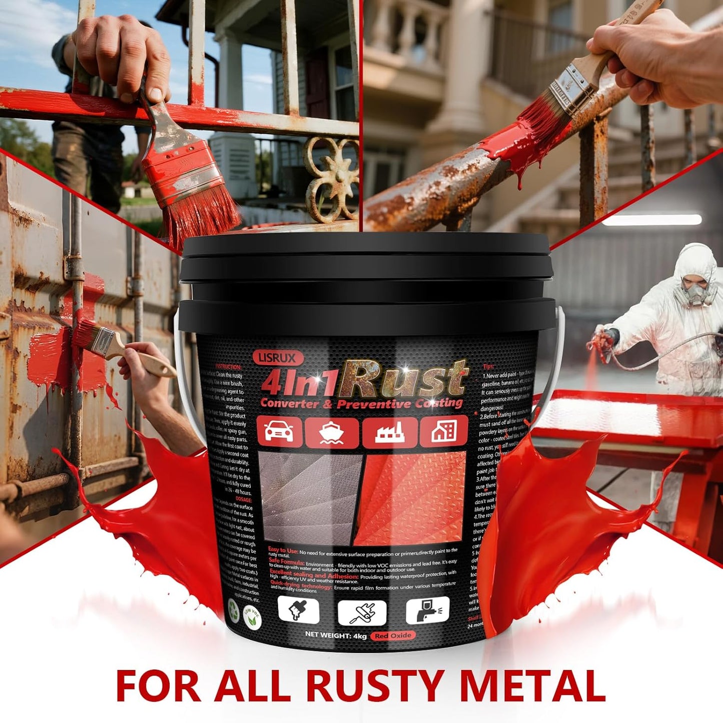 4-in-1 Rust Converter & Metal Primer, 141 Fl OZ Red Rust Inhibitor Paint for Metal, Remove &