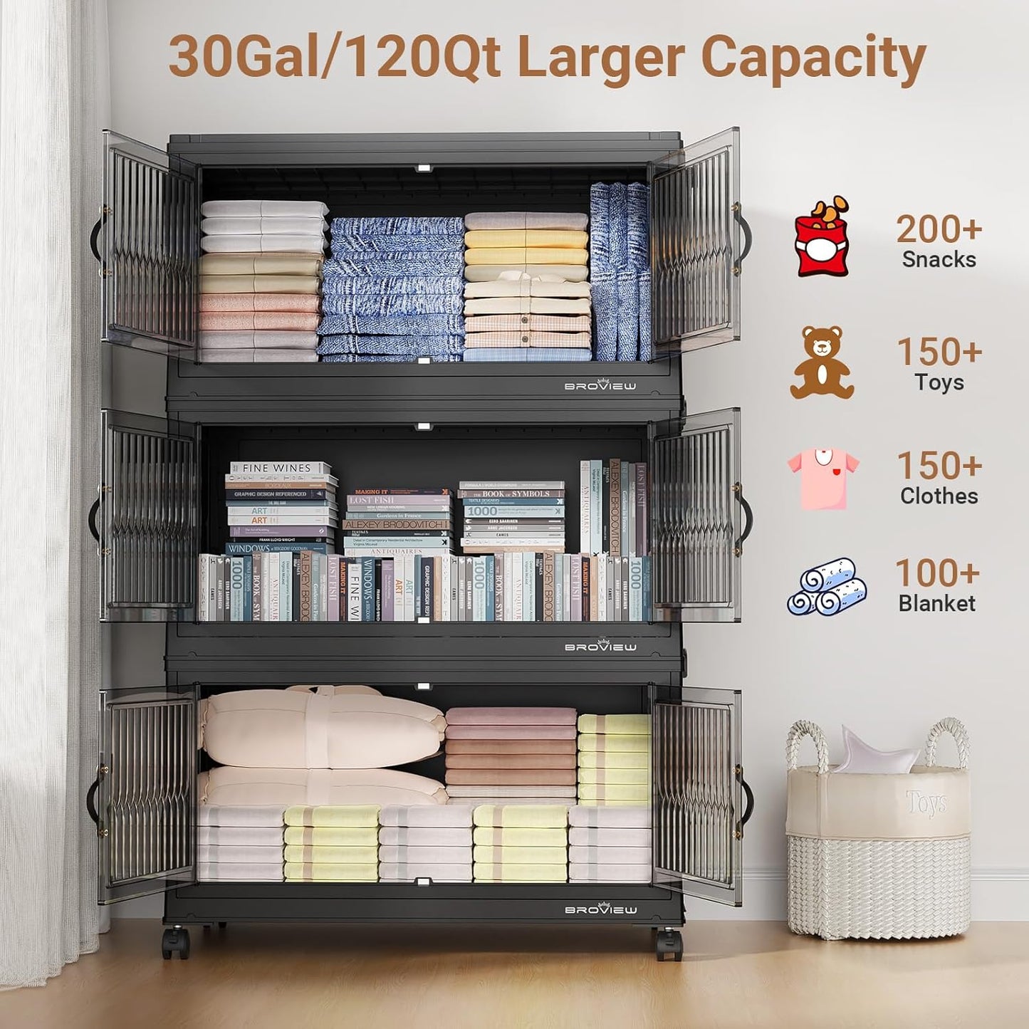 BROVIEW 480Qt Stackable Storage Bins with 4 Lids, Extra Large Closet Organizer Collapsible Drawer
