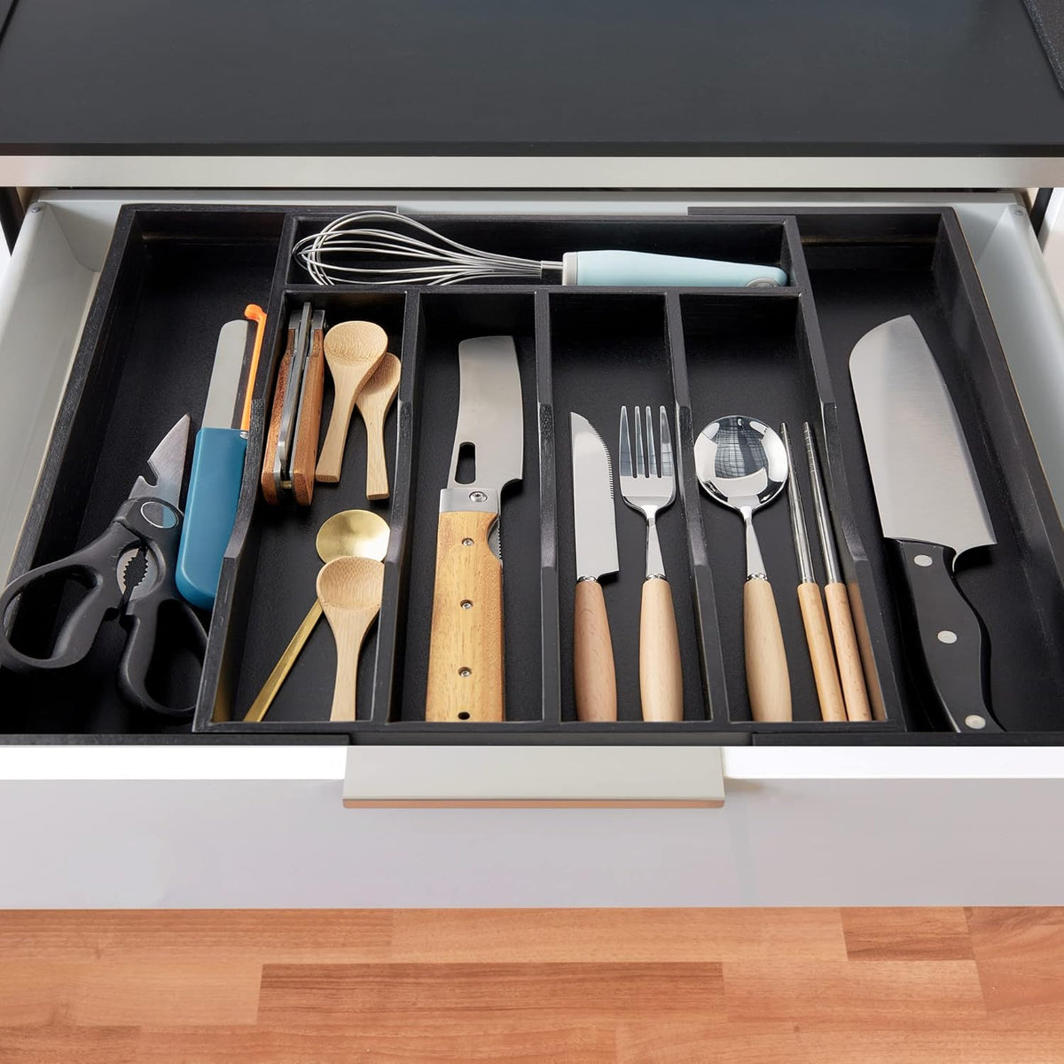 2-Piece Expandable Bamboo Kitchen Drawer Organizer for Cutlery and Utensils, Adjustable Bamboo Wood