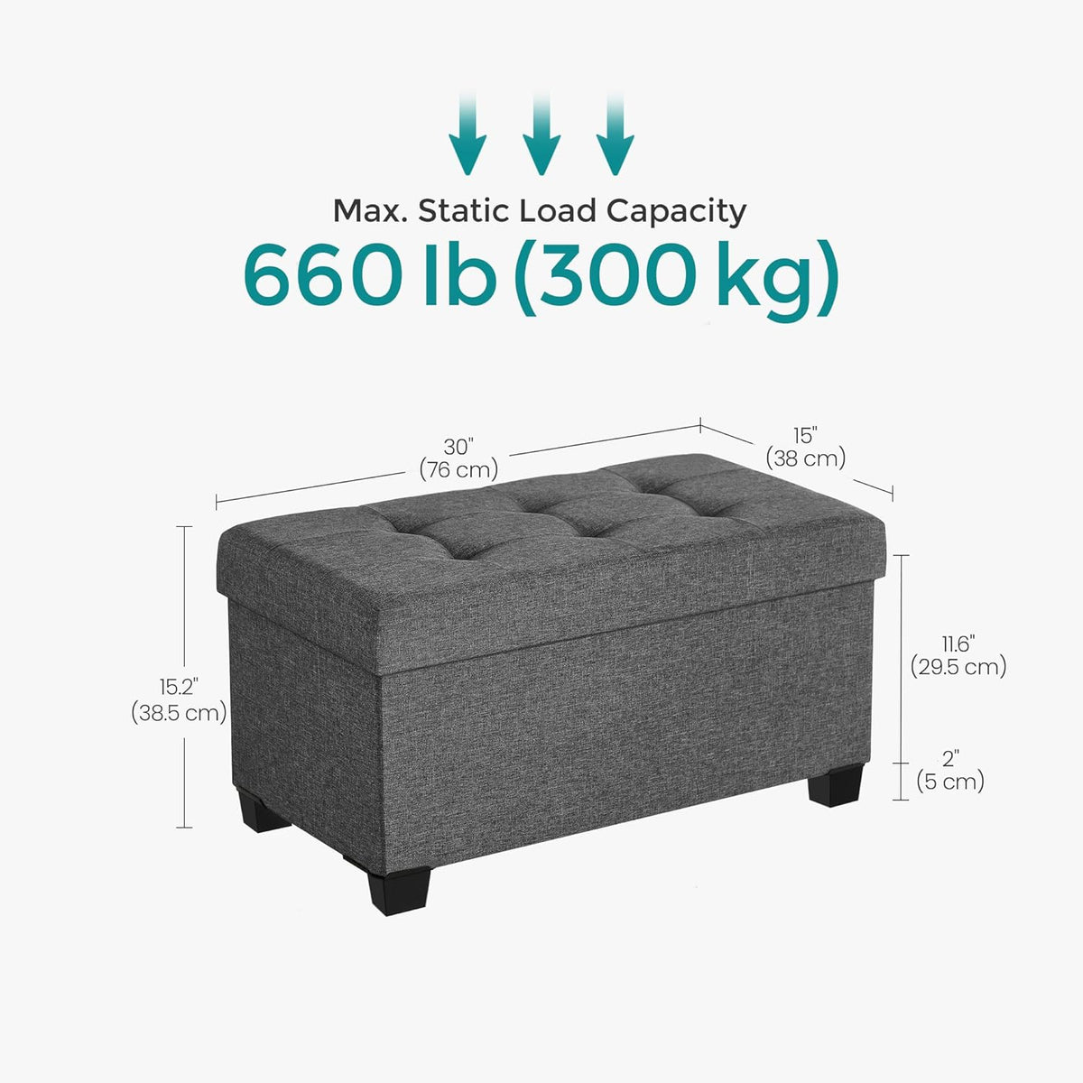 SONGMICS Storage Ottoman Bench, Foldable Foot Rest with Legs, 15 x 30 x 15.2 Inches, End of Bed