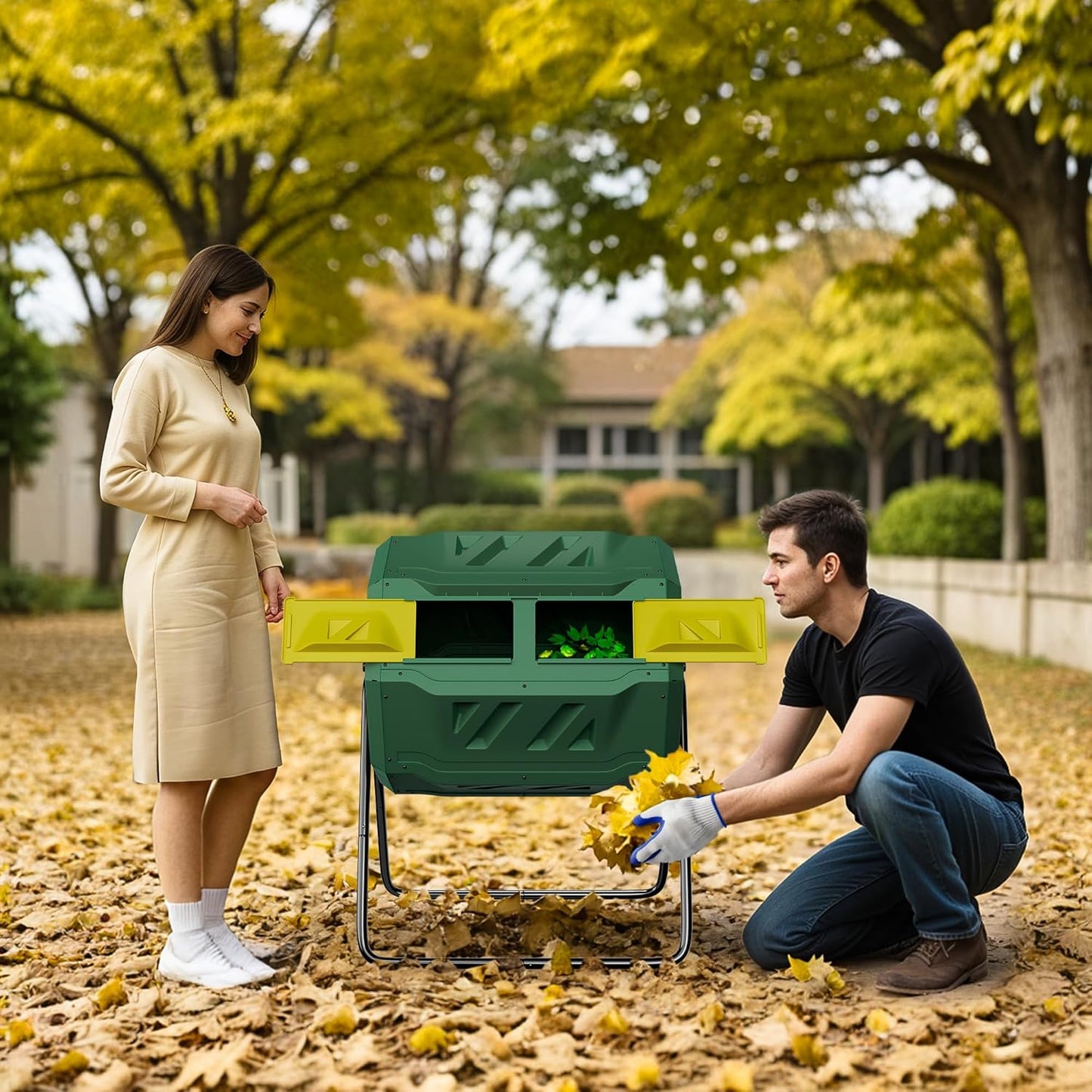 43 Gallon Outdoor Dual Chamber Tumbling Composter - BPA Free, Rotating Compost Bin with Sliding