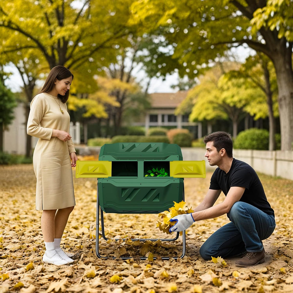 43 Gallon Outdoor Dual Chamber Tumbling Composter - BPA Free, Rotating Compost Bin with Sliding