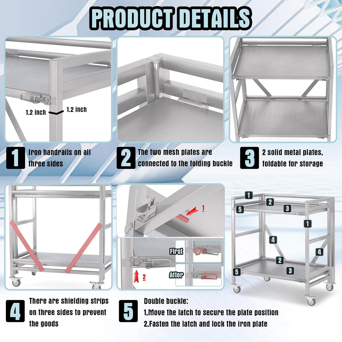 2 Shelf Rolling Cart with Wheels, 660lbs Capacity Collapsible Steel Rolling Utility Cart