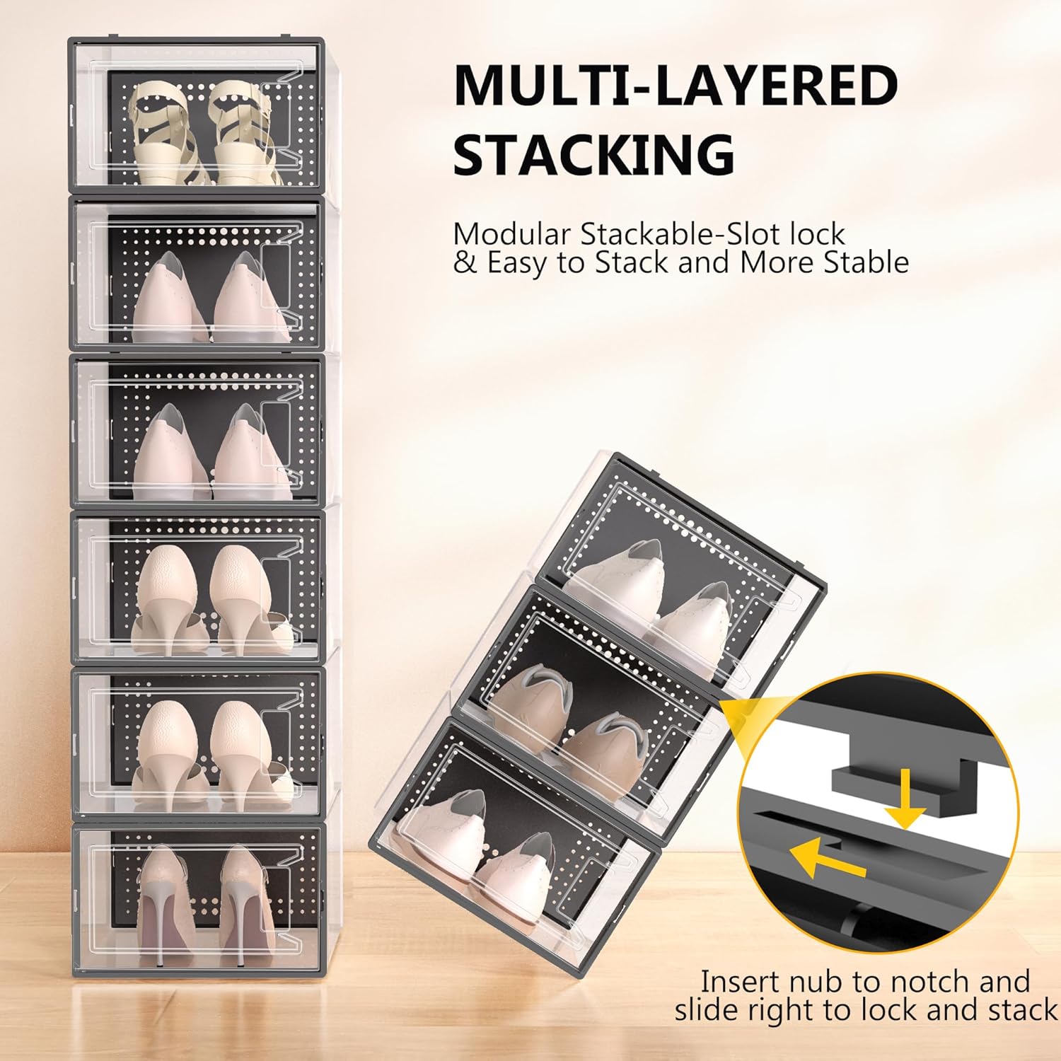 12 Pack X Large Shoe Storage Organizer for Closet, Modular Space Saving Shoe Boxes Clear Plastic