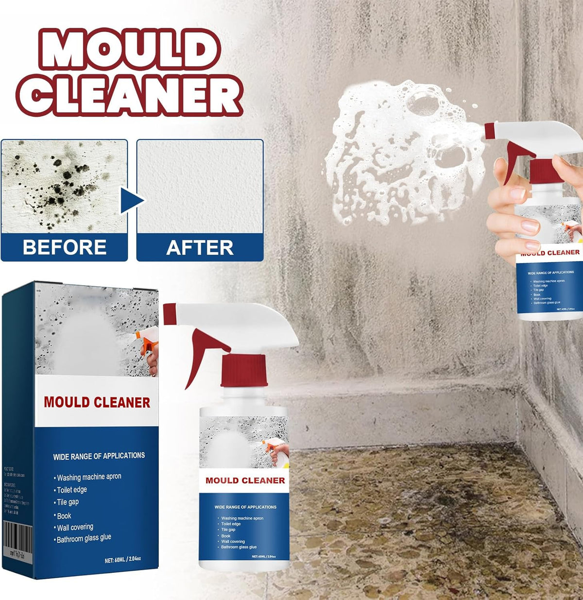 Mould Cleaner Spray Powerful Foam Cleaning Spray | Multi-Surface Fast-Acting Stain Remover for