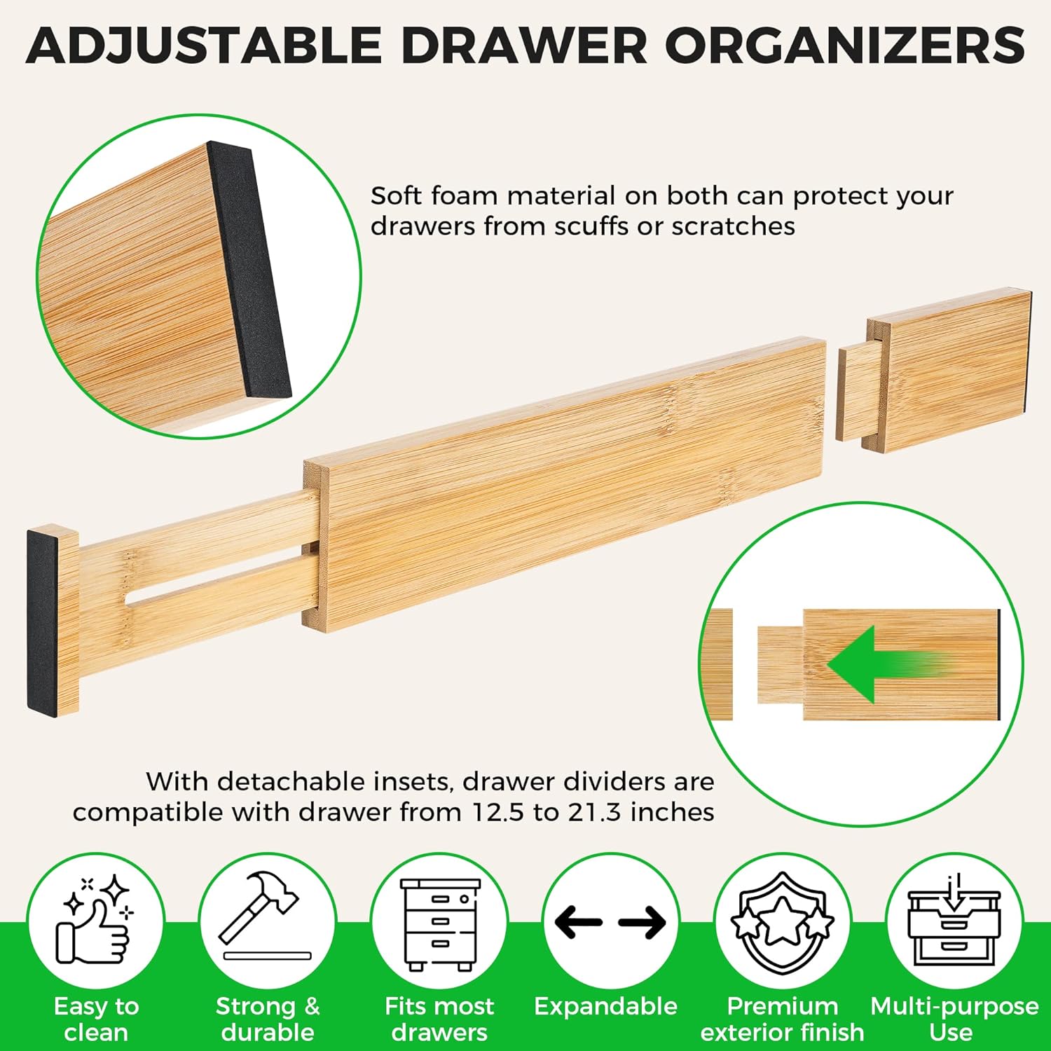 Bamboo Drawer Dividers Organizer with Inserts, Expandable from 12.5-21.7", Adjustable Drawer