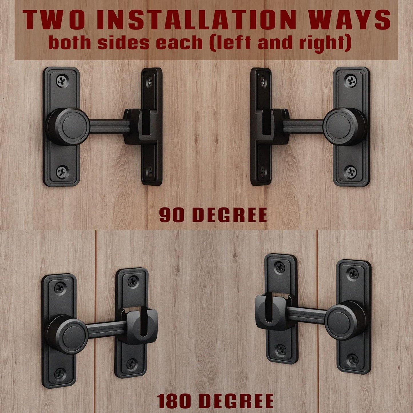 Barn Door Privacy Latch, 90°/180° Swing Slide Lock, Zinc-Alloy, Adhesive or Screw Mount, Interior