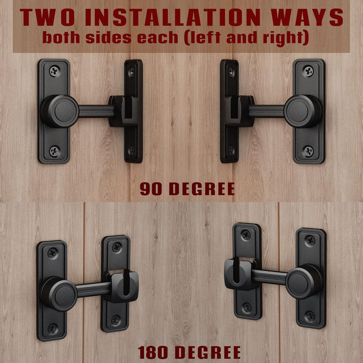 Barn Door Privacy Latch, 90°/180° Swing Slide Lock, Zinc-Alloy, Adhesive or Screw Mount, Interior