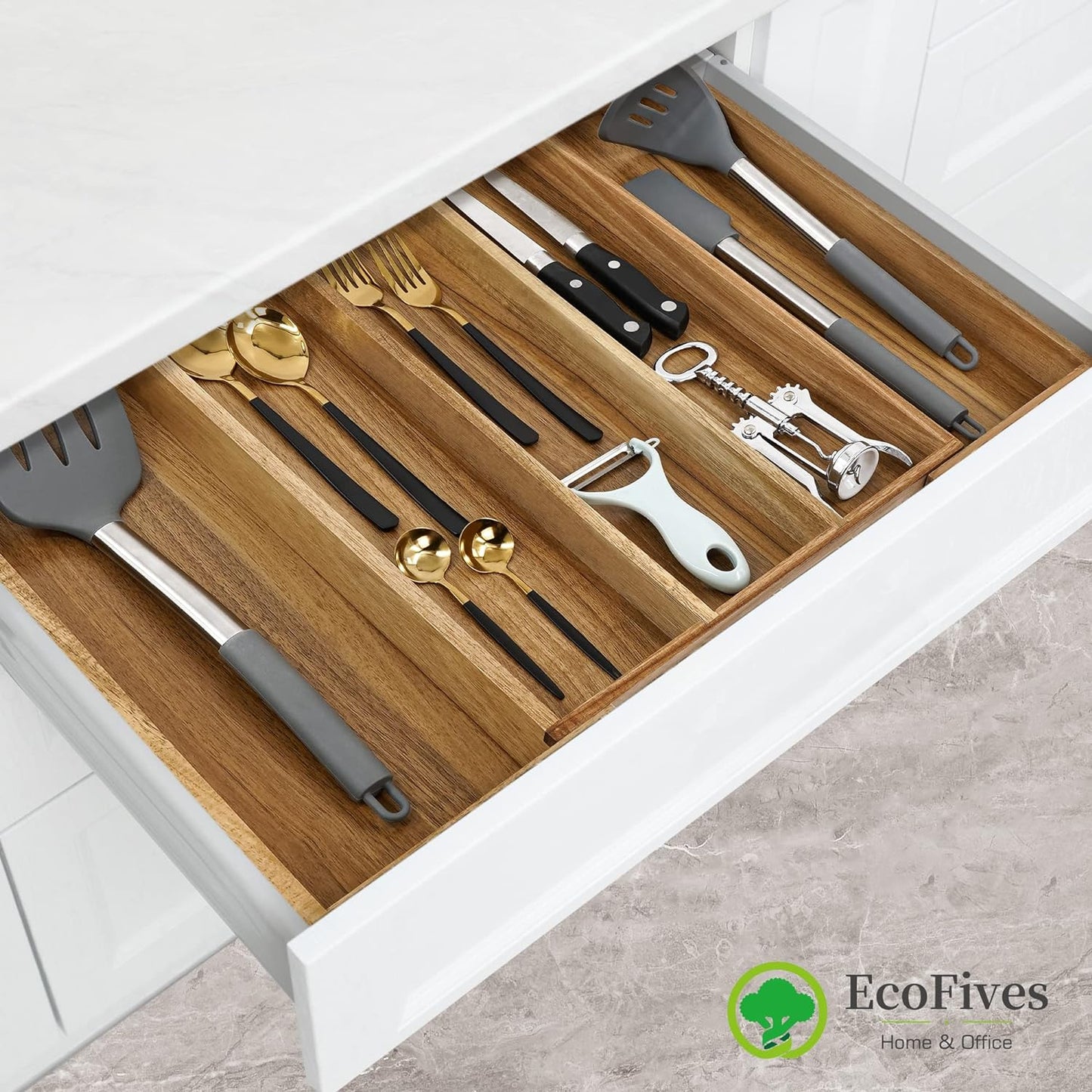 Luxury Acacia Silverware Organizer -Kitchen Drawer Organizer - Utensil Holder and Cutlery Organizer