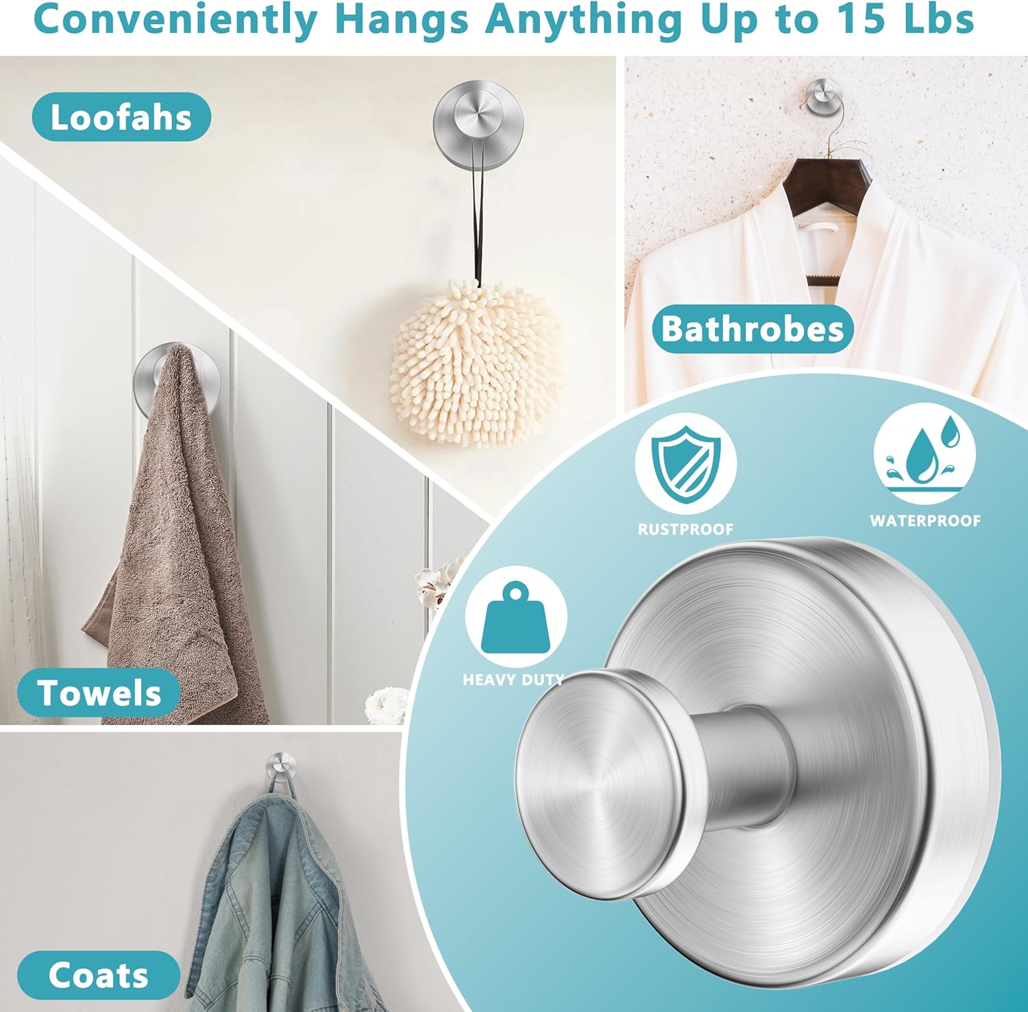 Suction Cup Hooks for Shower,Removable No Drill Towel Hooks,Upgraded 15 lbs Strong Suction hooks