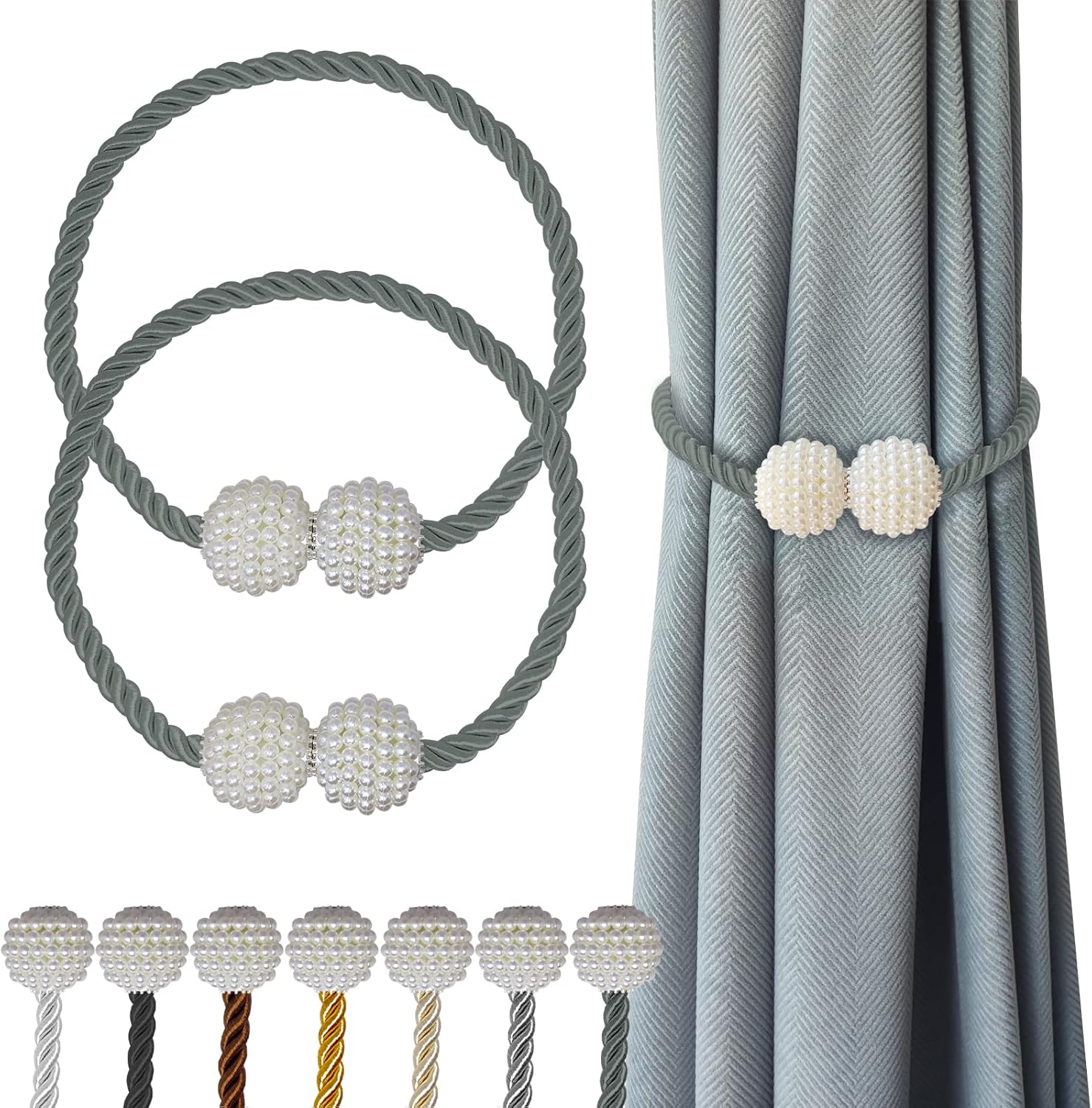 Hion Magnetic Curtain Tiebacks Gray Blue 2pcs, Curtain Tiebacks Buckles Holdbacks Holders Hooks
