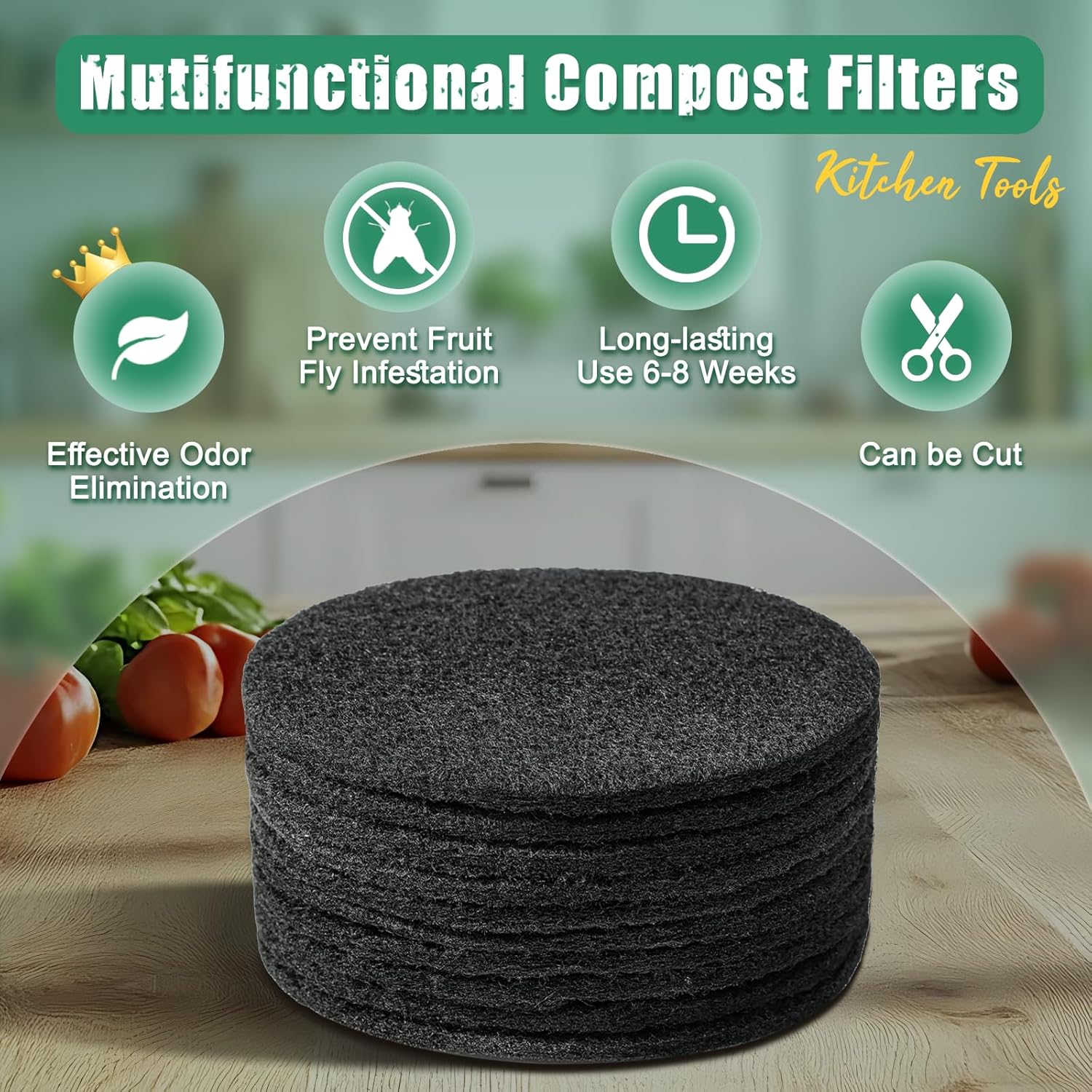 7.25 Inch Charcoal Filters for 10 Pack Kitchen Countertop Compost Bins - Extra Thick 0.3" for