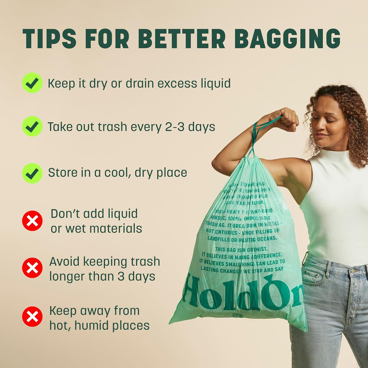 HoldOn 13-Gallon Trash Bags – Plant-based Tall Kitchen Trash Bags with Drawstring Handles for Tall