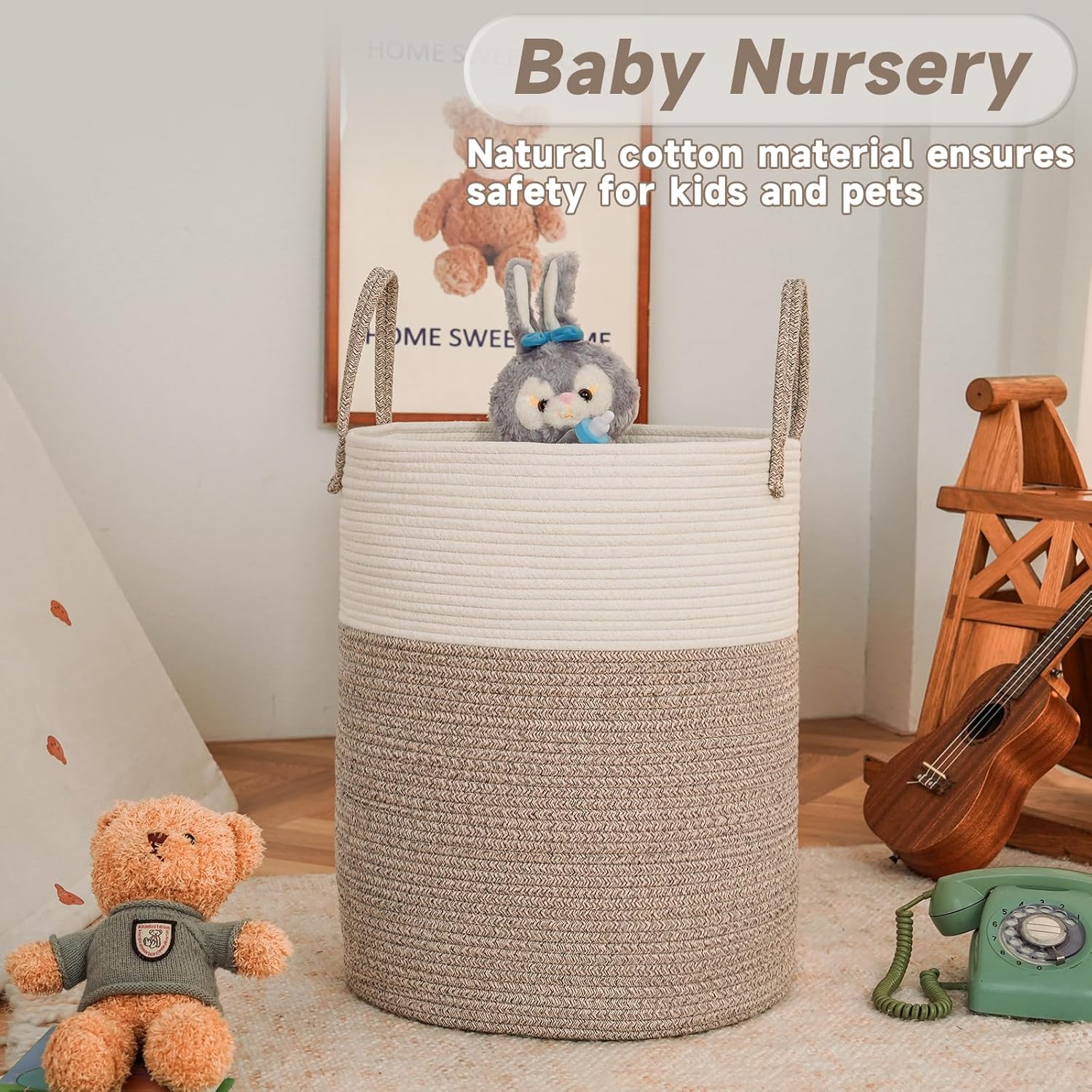 Large Woven Laundry Basket Hamper,60L Cotton Rope Storage Bin for Blankets,Toys and