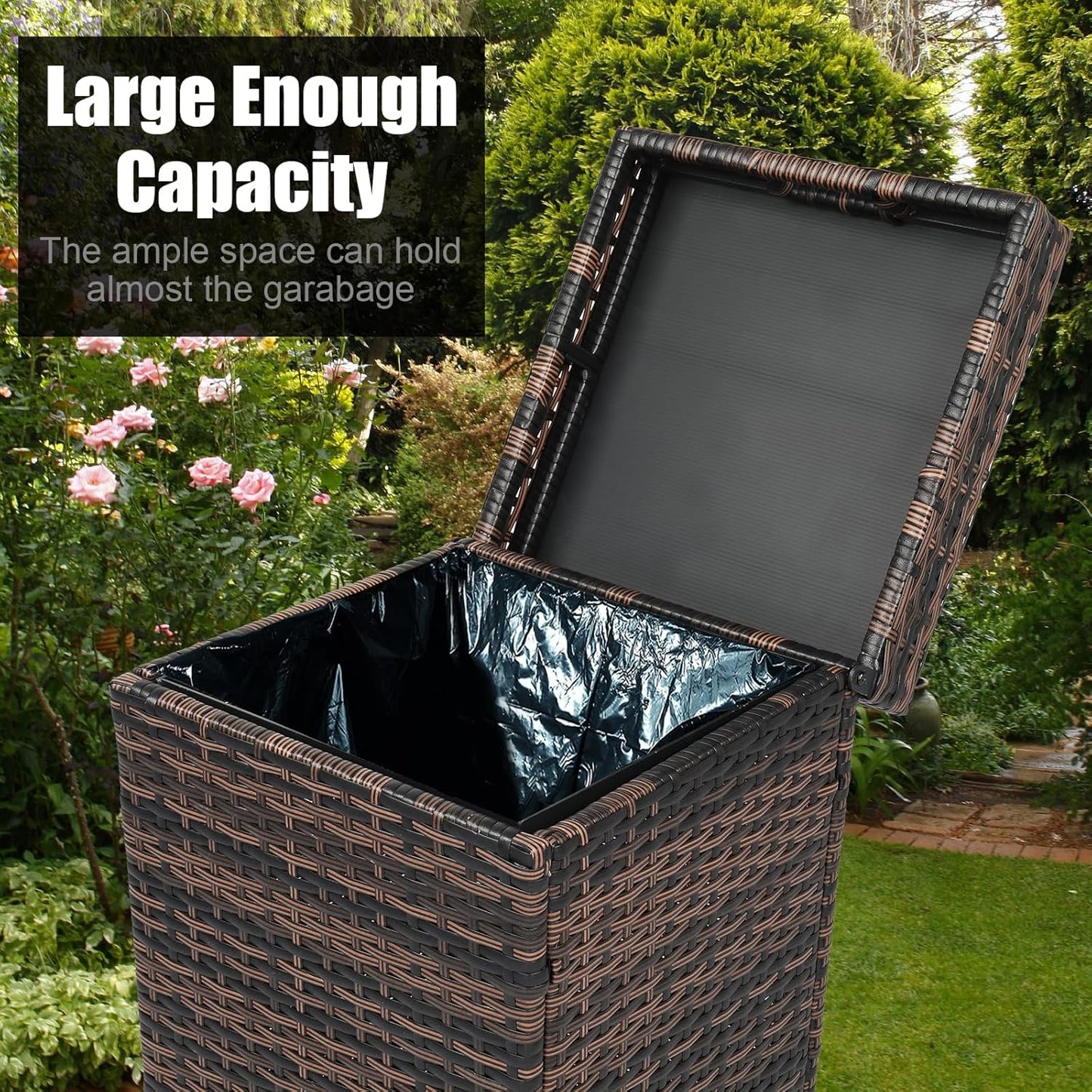 VINGLI Wicker Patio Trash Can, 27 Gallon Rattan Trash Can with Removable Lid, Outdoor Wicker Waste