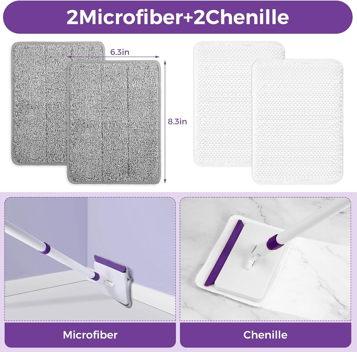 4 Mop Pads Refill for wlich Baseboard Cleaner(2 Chenille Pads+2 Microfiber Pads),Baseboard Cleaner