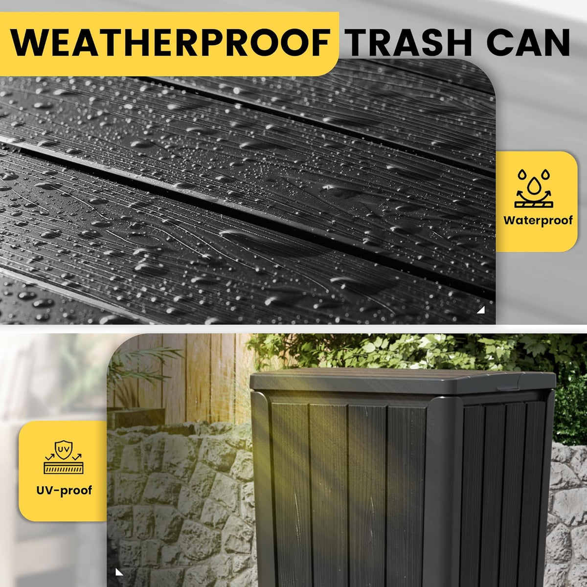 Outdoor Trash Can with Lid, Waterproof Resin Garbage Can with Tiered Lid, Outside Trash Bin for