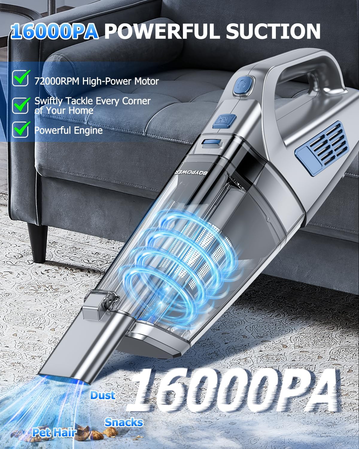 BQYPOWER Handheld Vacuum Cordless, 16000PA Strong Suction Hand Held Vacuum Dust Busters Cordless