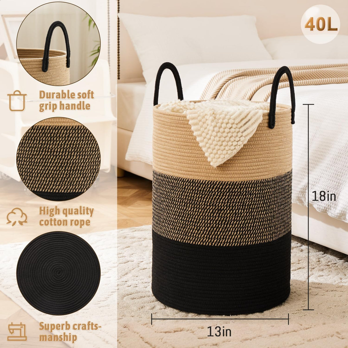 Laundry Basket,Woven Cotton Rope Laundry Hamper,40L for Decorative Storage of Dirty Clothes,Toys