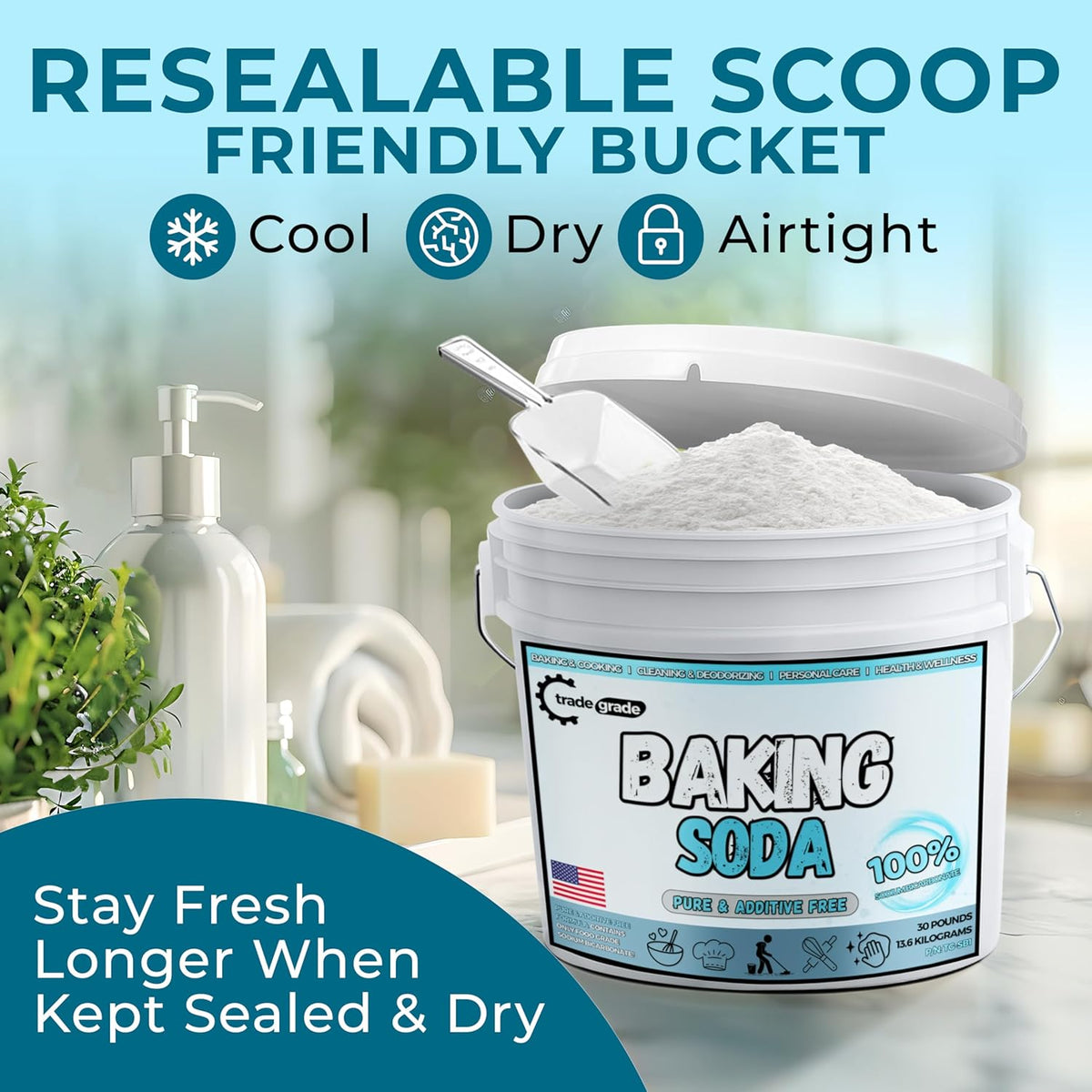 TradeGrade Pure Baking Soda Powder – 30 lb Bucket, Sodium Bicarbonate Powder | Premium Food-Grade