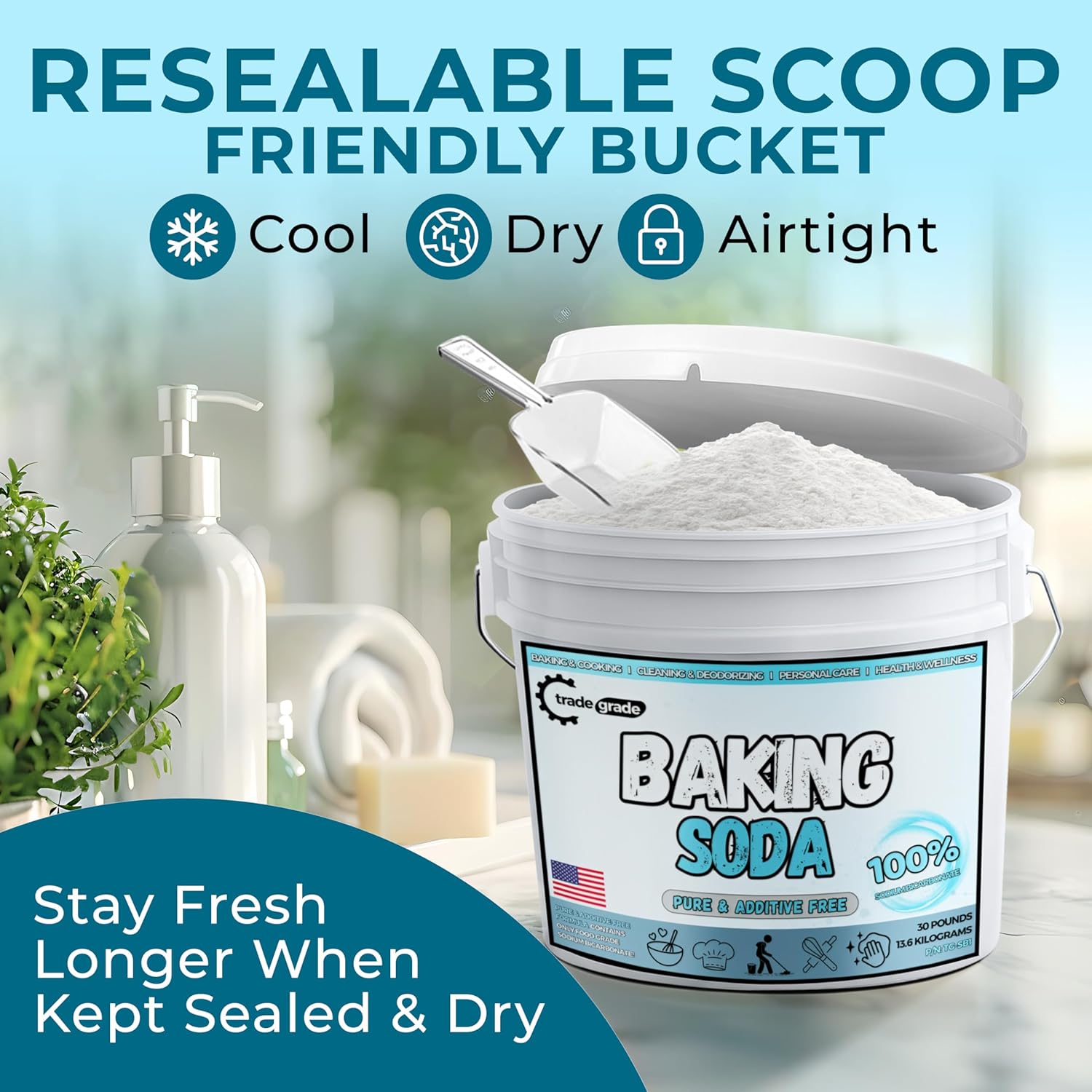 TradeGrade Pure Baking Soda Powder – 30 lb Bucket, Sodium Bicarbonate Powder | Premium Food-Grade