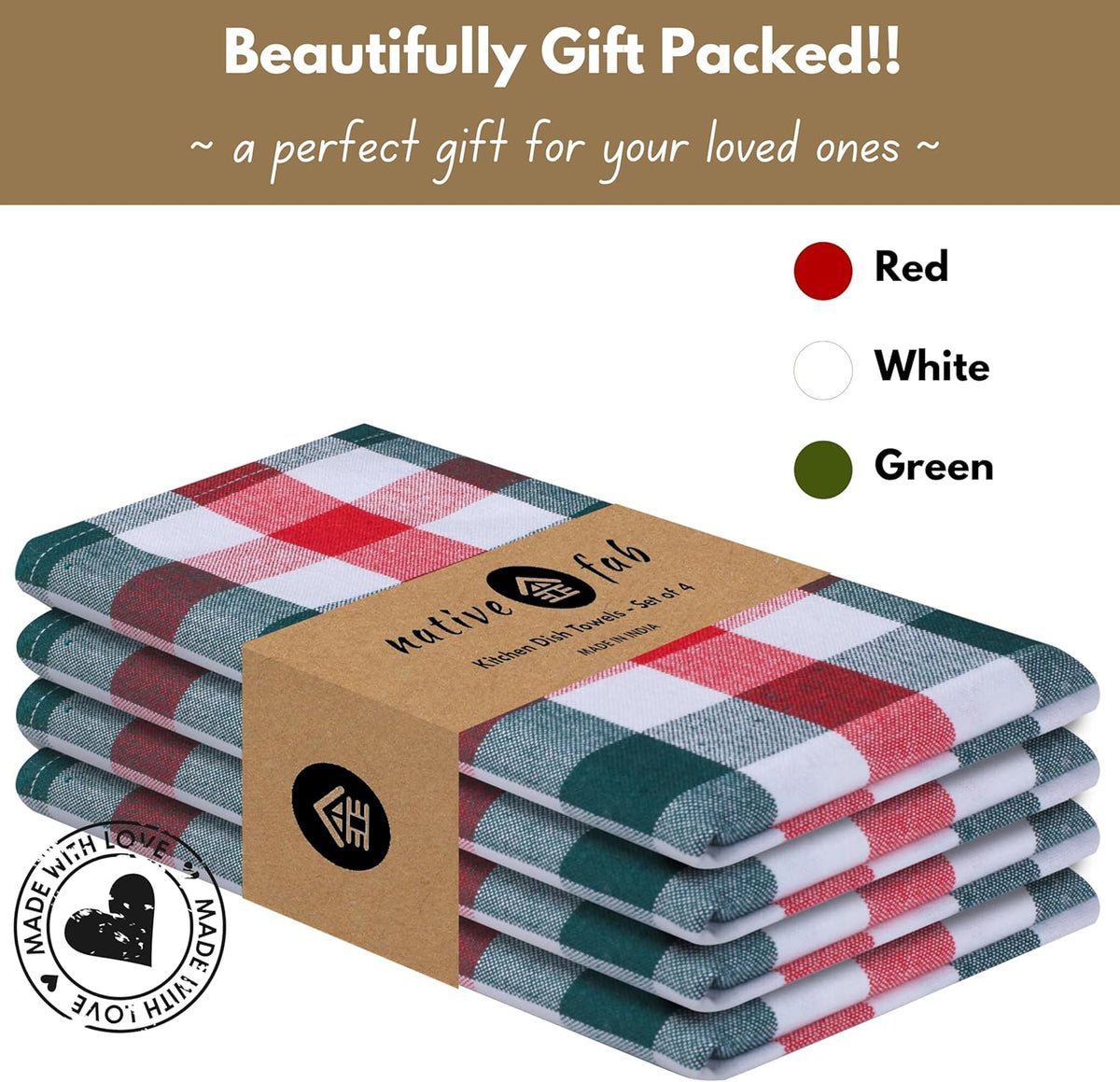 Native Fab Gingham Check Kitchen Towels 4 Pack 16x26 Inches - 100% Cotton, Soft, Absorbent Tea