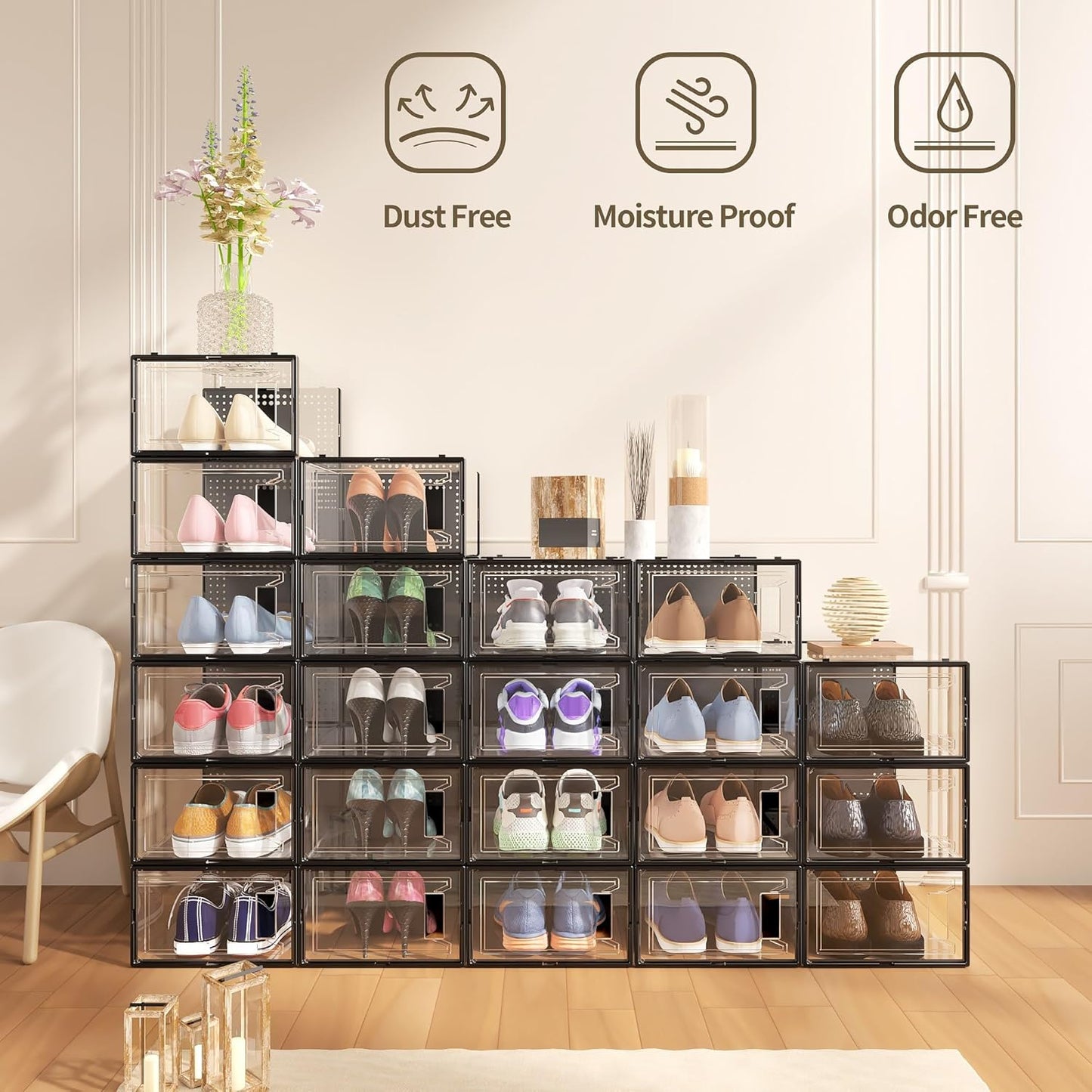 12 Pack X Large Shoe Storage Organizer for Closet, Modular Space Saving Shoe Boxes Clear Plastic
